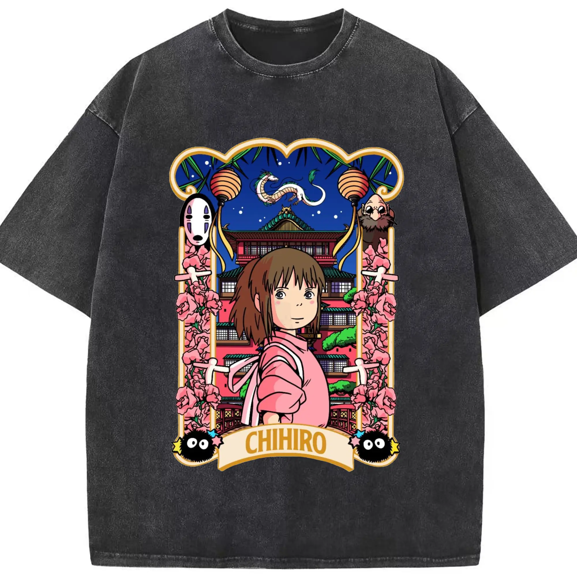 Studio Ghibli Spirited Away Chihiro DIY - Washed Vintage Look 230g Cotton Oversized T-Shirt With Front Heat Transfer Print – Soft, Lightweight, Stylish Fit – Comfortable Casual Wear For Sports & Everyday Use