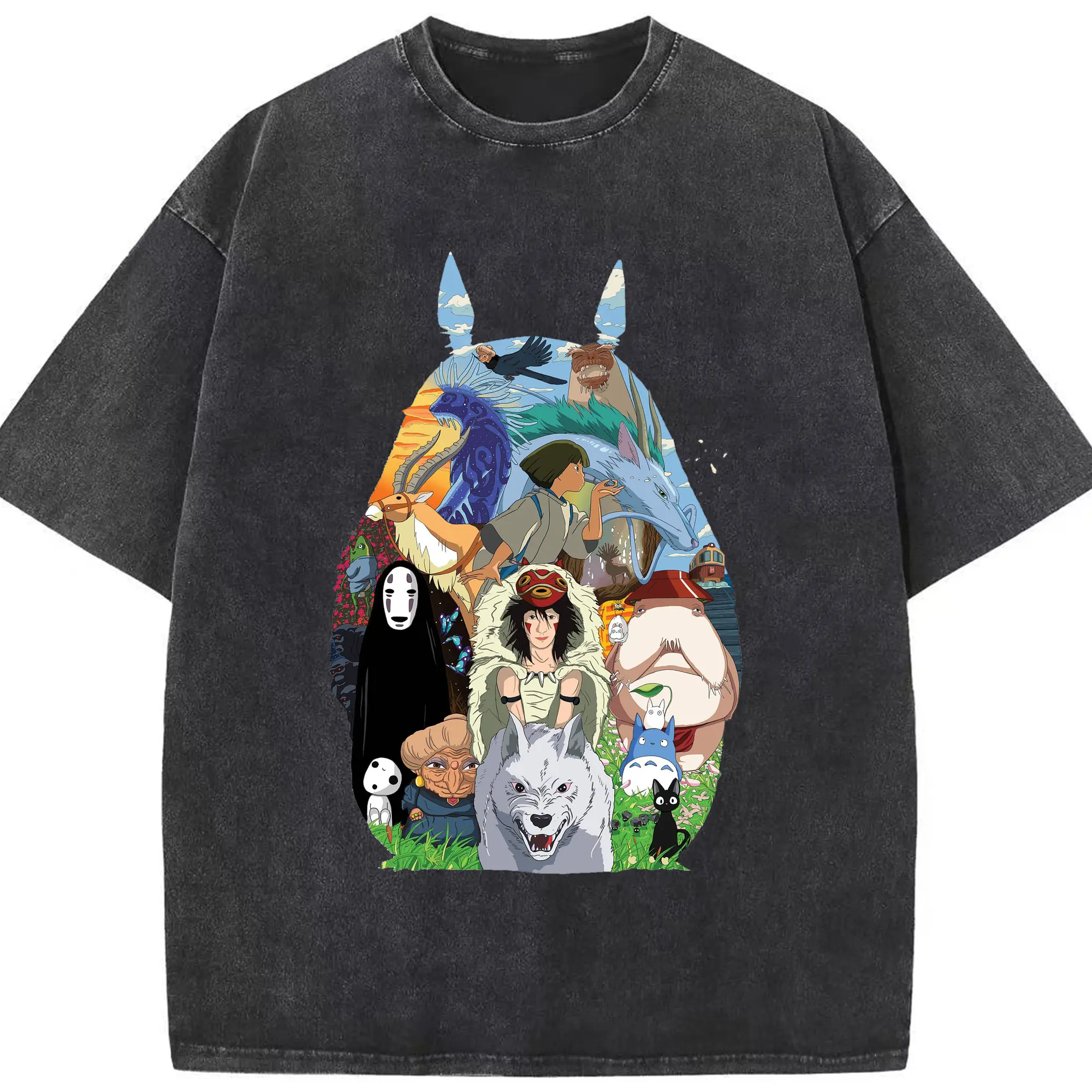 Studio Ghibli Classic Characters Totoro Silhouette DIY - Washed Vintage Look 230g Cotton Oversized T-Shirt With Front Heat Transfer Print – Soft, Lightweight, Stylish Fit – Comfortable Casual Wear For Sports & Everyday Use