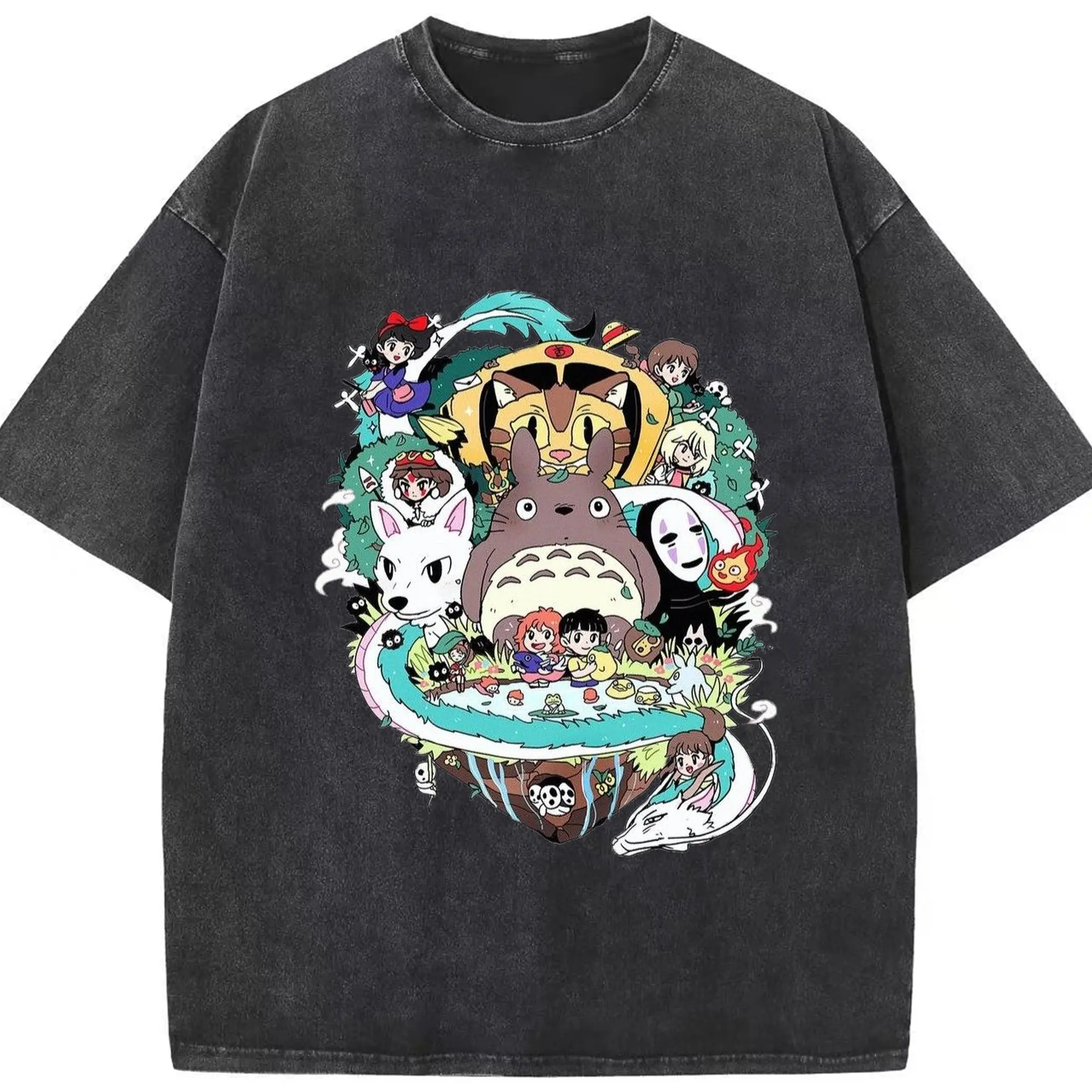 Studio Ghibli Classic Characters DIY - Washed Vintage Look 230g Cotton Oversized T-Shirt With Front Heat Transfer Print – Soft, Lightweight, Stylish Fit – Comfortable Casual Wear For Sports & Everyday Use