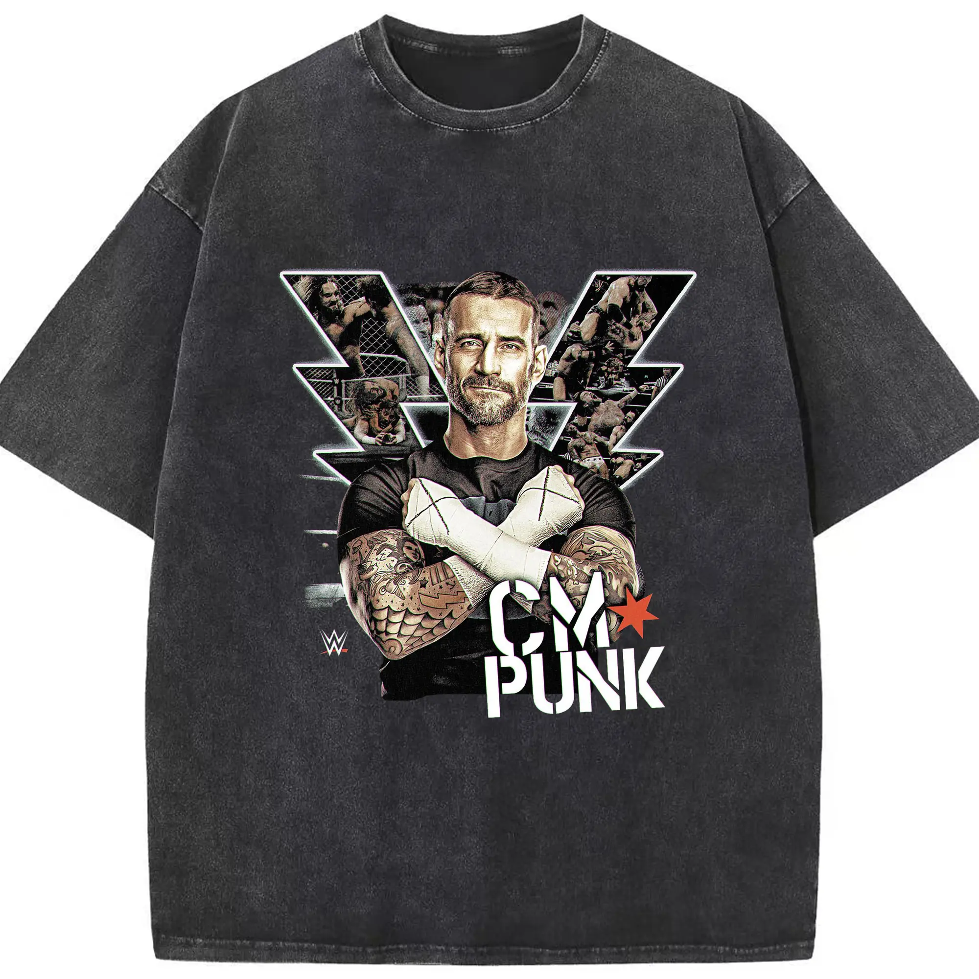 CM Punk WWE Wrestling Legend DIY Shirt - Washed Vintage Look 230g Cotton Oversized T-Shirt With Front Heat Transfer Print – Soft, Lightweight, Stylish Fit – Comfortable Casual Wear For Sports & Everyday Use