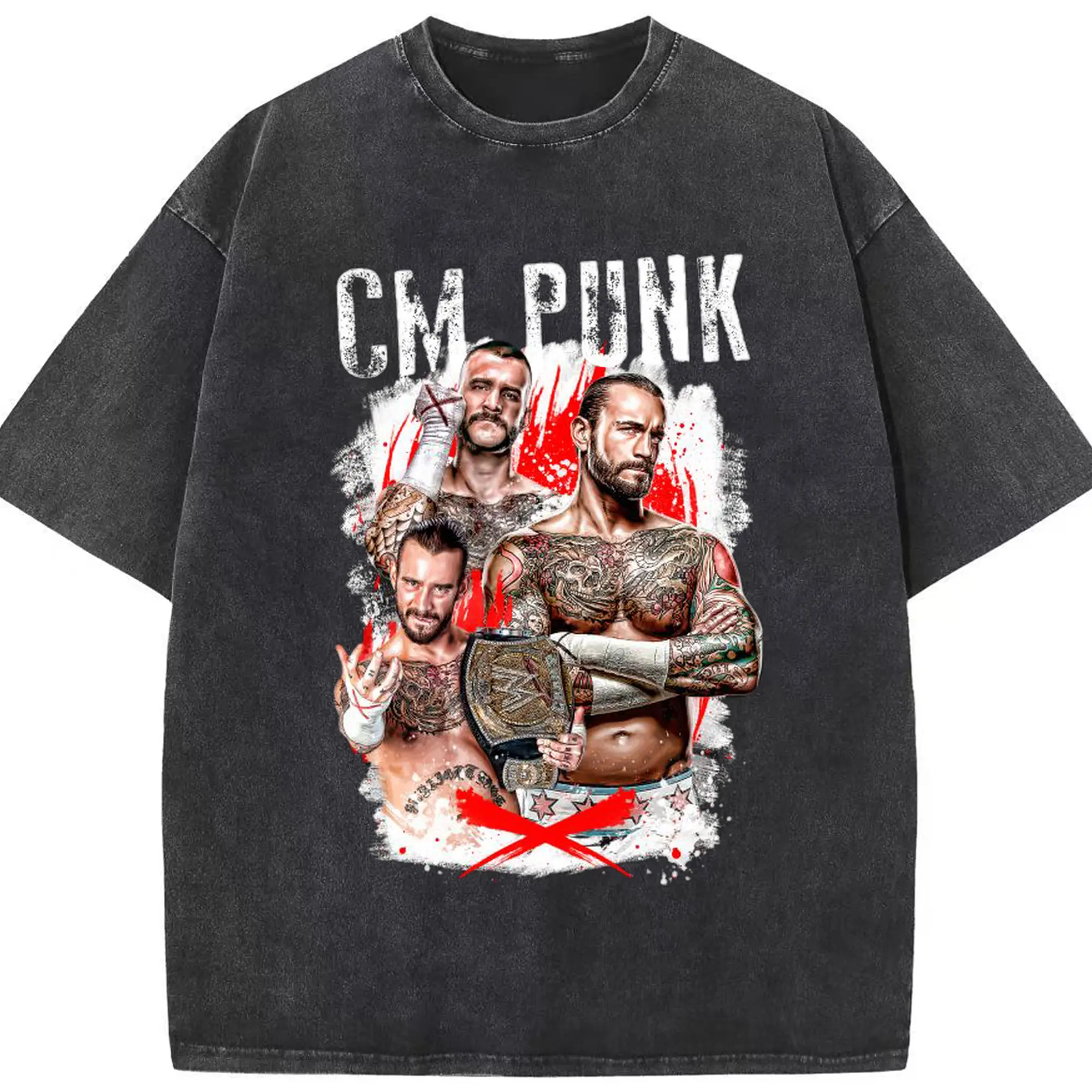 CM Punk WWE Hardcore Wrestling Legend DIY Shirt - Washed Vintage Look 230g Cotton Oversized T-Shirt With Front Heat Transfer Print – Soft, Lightweight, Stylish Fit – Comfortable Casual Wear For Sports & Everyday Use