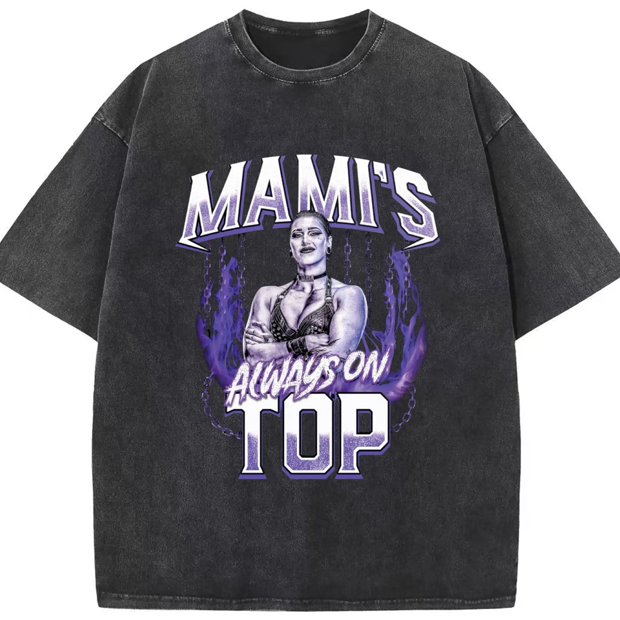 “WWE Mami's Always On Top Hardcore Style” DIY Shirt - Washed Vintage Look 230g Cotton Oversized T-Shirt With Front Heat Transfer Print – Soft, Lightweight, Stylish Fit – Comfortable Casual Wear For Sports & Everyday Use