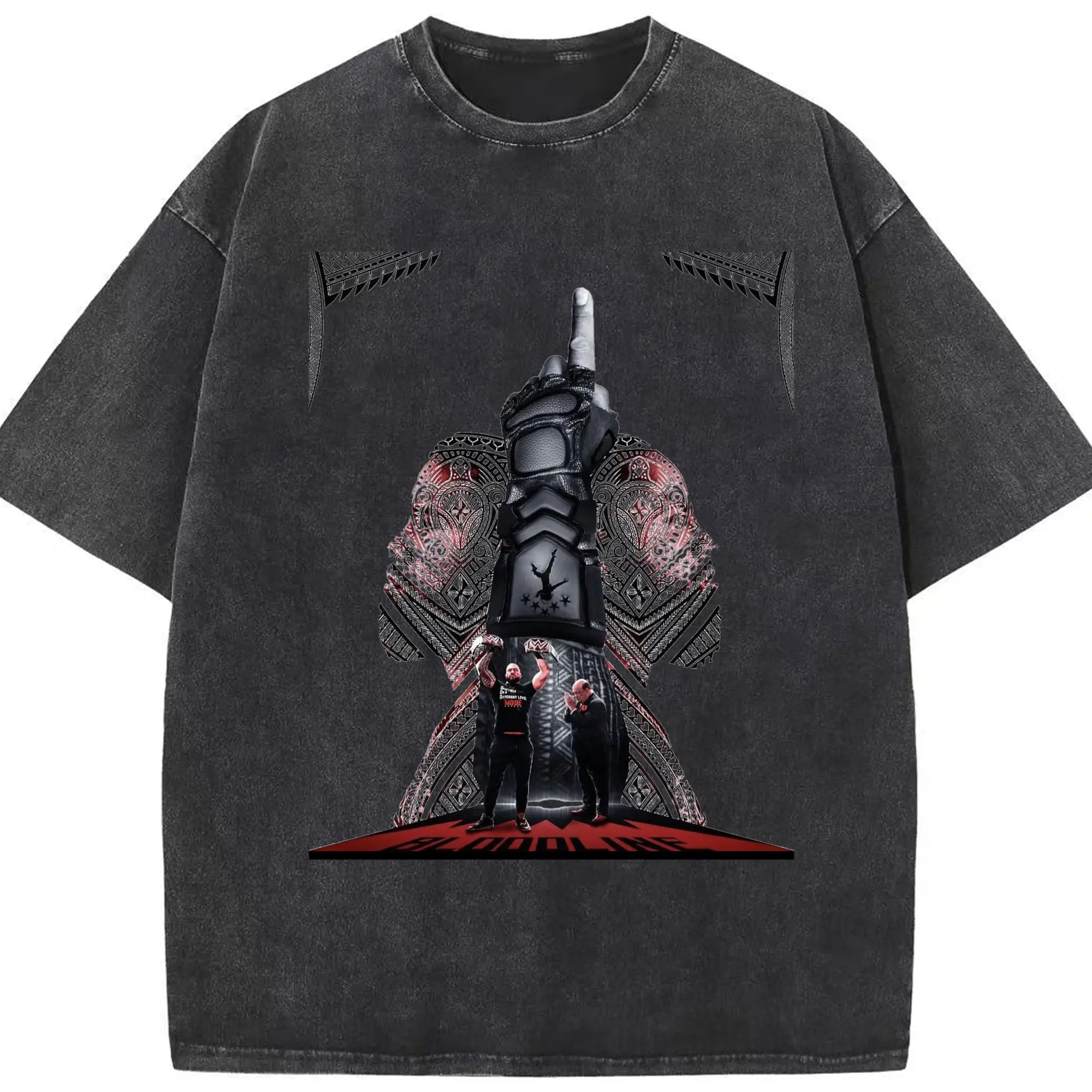 Roman Reigns Bloodline Tribal Hardcore Wrestling DIY Shirt - Washed Vintage Look 230g Cotton Oversized T-Shirt With Front Heat Transfer Print – Soft, Lightweight, Stylish Fit – Comfortable Casual Wear For Sports & Everyday Use