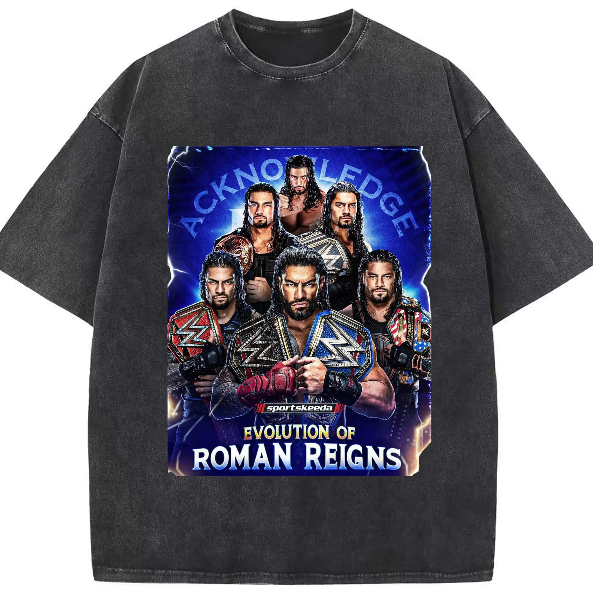 Roman Reigns WWE Evolution Champion DIY Shirt - Washed Vintage Look 230g Cotton Oversized T-Shirt With Front Heat Transfer Print – Soft, Lightweight, Stylish Fit – Comfortable Casual Wear For Sports & Everyday Use