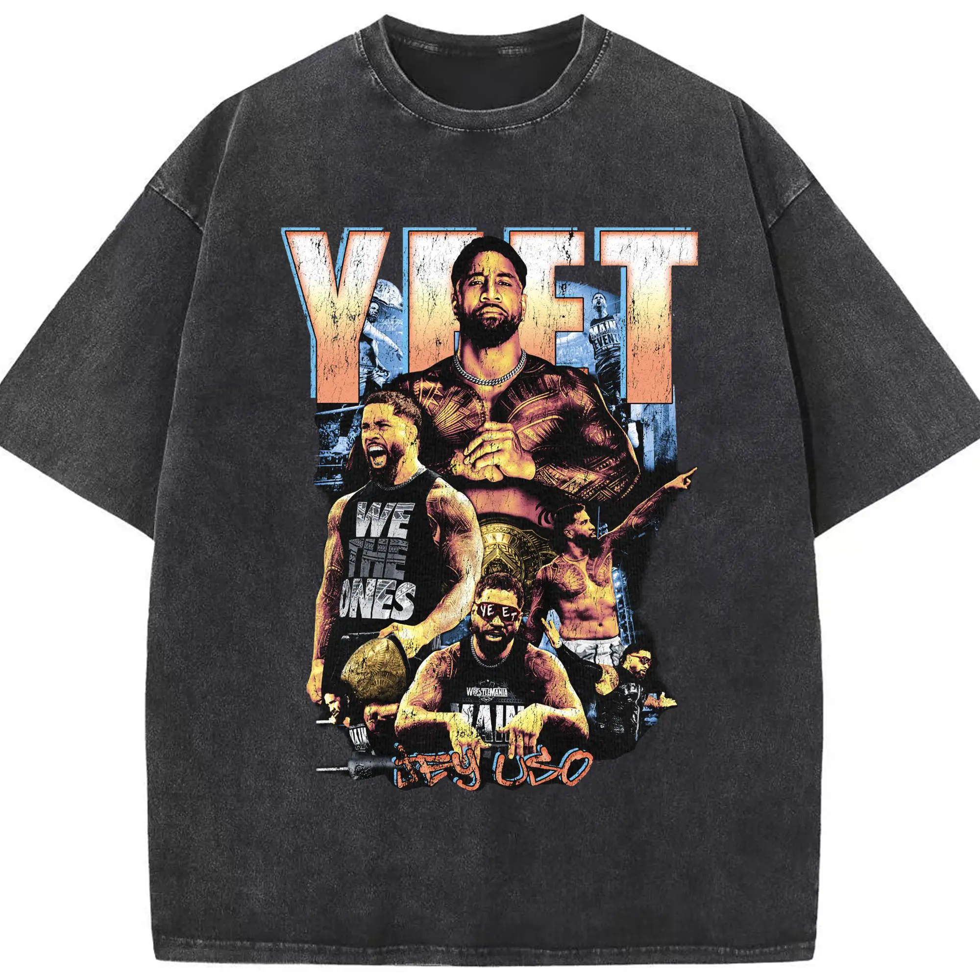 “Jey Uso WWE WE THE ONES Street Wrestling” DIY Shirt - Washed Vintage Look 230g Cotton Oversized T-Shirt With Front Heat Transfer Print – Soft, Lightweight, Stylish Fit – Comfortable Casual Wear For Sports & Everyday Use