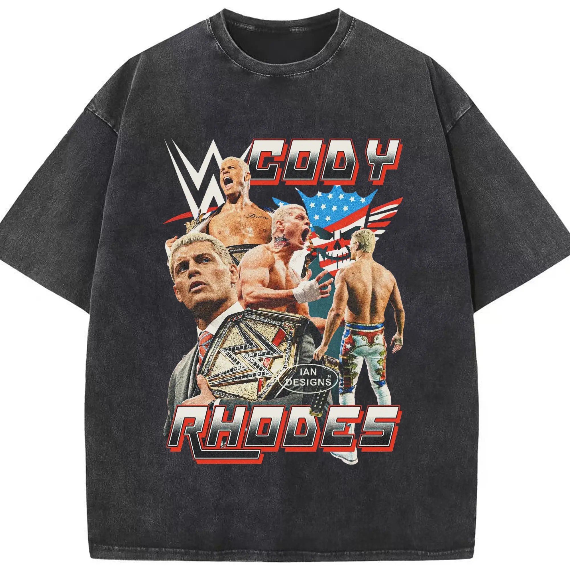 Cody Rhodes WWE Champion Collage DIY Shirt - Washed Vintage Look 230g Cotton Oversized T-Shirt With Front Heat Transfer Print – Soft, Lightweight, Stylish Fit – Comfortable Casual Wear For Sports & Everyday Use
