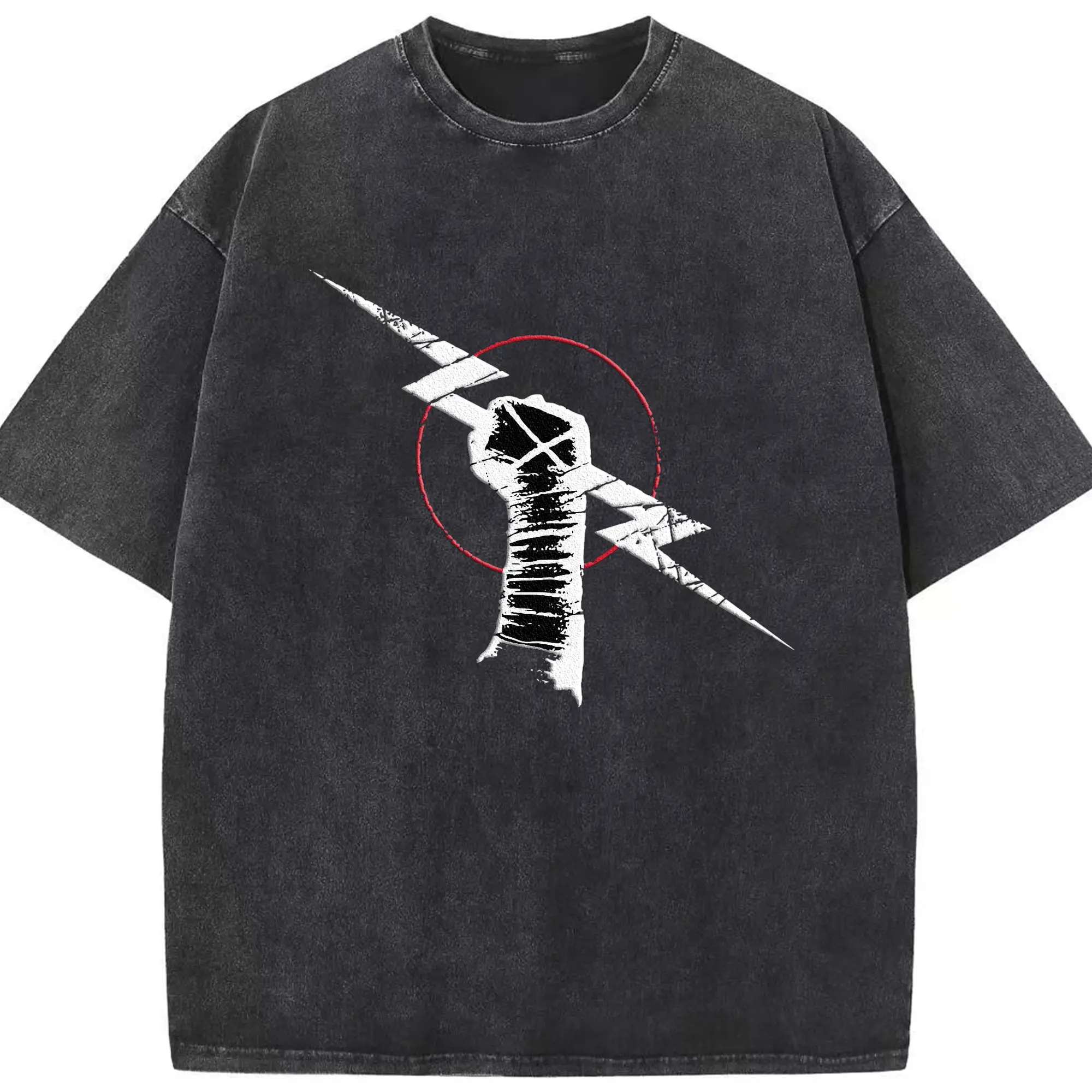 CM Punk Hardcore Fist & Lightning Rebellious DIY Shirt - Washed Vintage Look 230g Cotton Oversized T-Shirt With Front Heat Transfer Print – Soft, Lightweight, Stylish Fit – Comfortable Casual Wear For Sports & Everyday Use