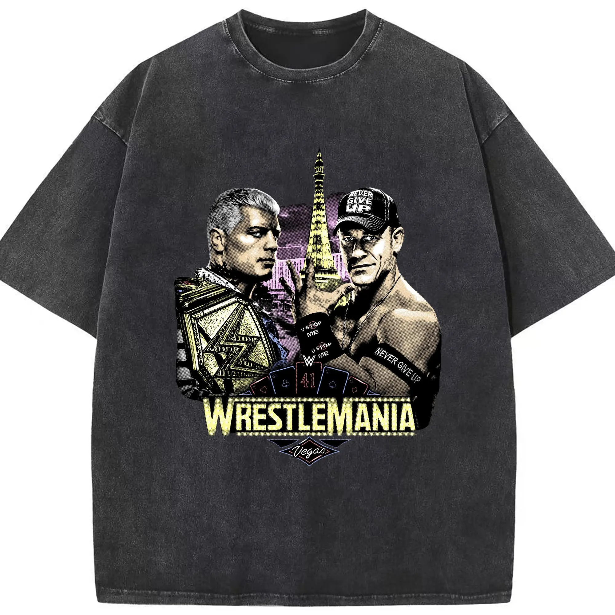 John Cena&Cody Rhodes WWE WrestleMania Las Vegas Wrestling DIY Shirt - Washed Vintage Look 230g Cotton Oversized T-Shirt With Front Heat Transfer Print – Soft, Lightweight, Stylish Fit – Comfortable Casual Wear For Sports & Everyday Use