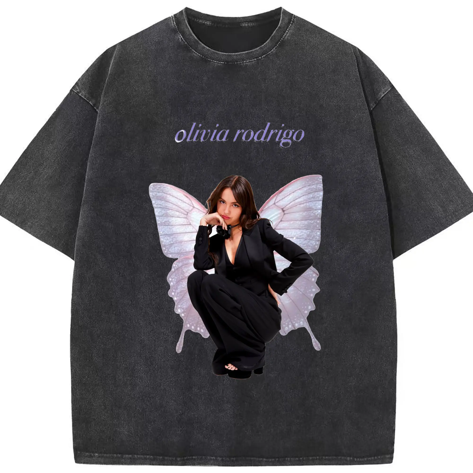 Olivia Rodrigo Butterfly Fairycore Y2K Aesthetic Graphic DIY - Washed Vintage Look 230g Cotton Oversized T-Shirt With Front Heat Transfer Print – Soft, Lightweight, Stylish Fit – Comfortable Casual Wear For Sports & Everyday Use