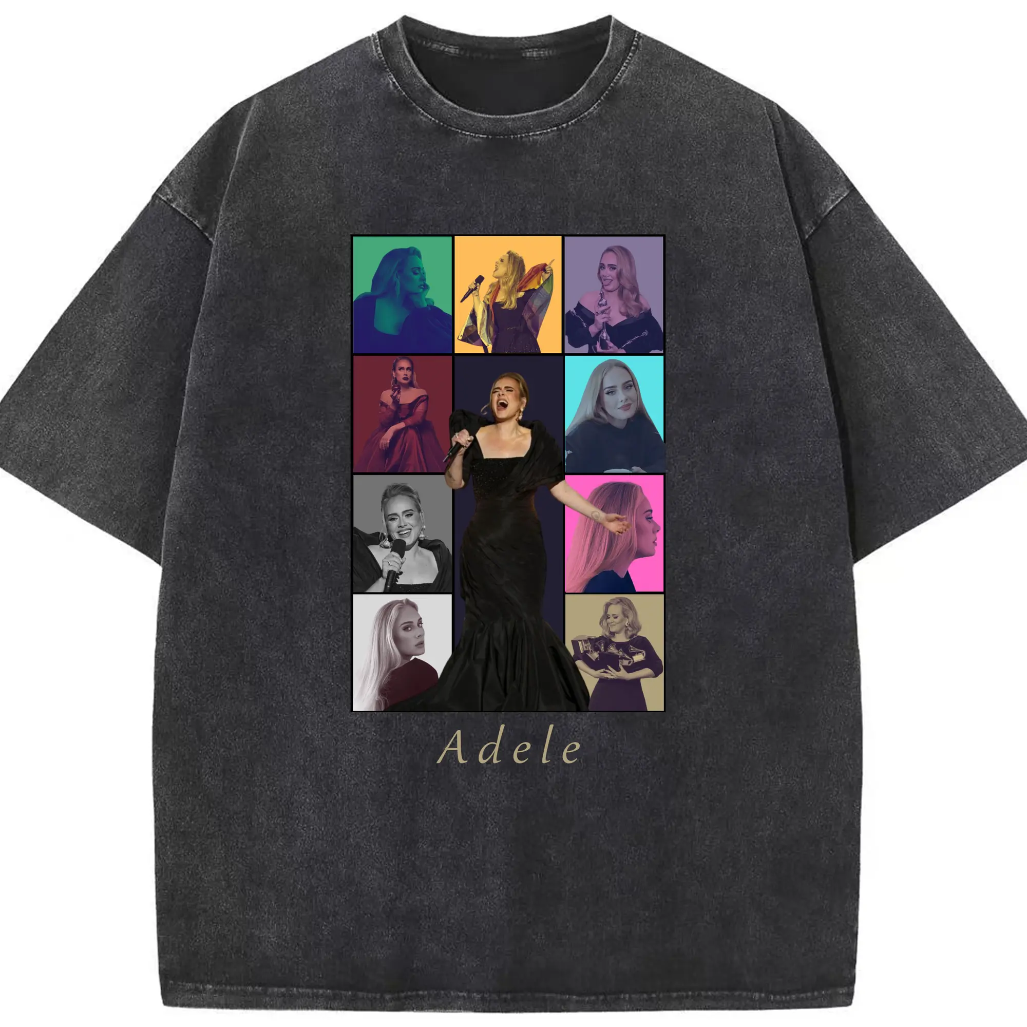 Adele Collage Pop Music DIY - Washed Vintage Look 230g Cotton Oversized T-Shirt With Front Heat Transfer Print – Soft, Lightweight, Stylish Fit – Comfortable Casual Wear For Sports & Everyday Use