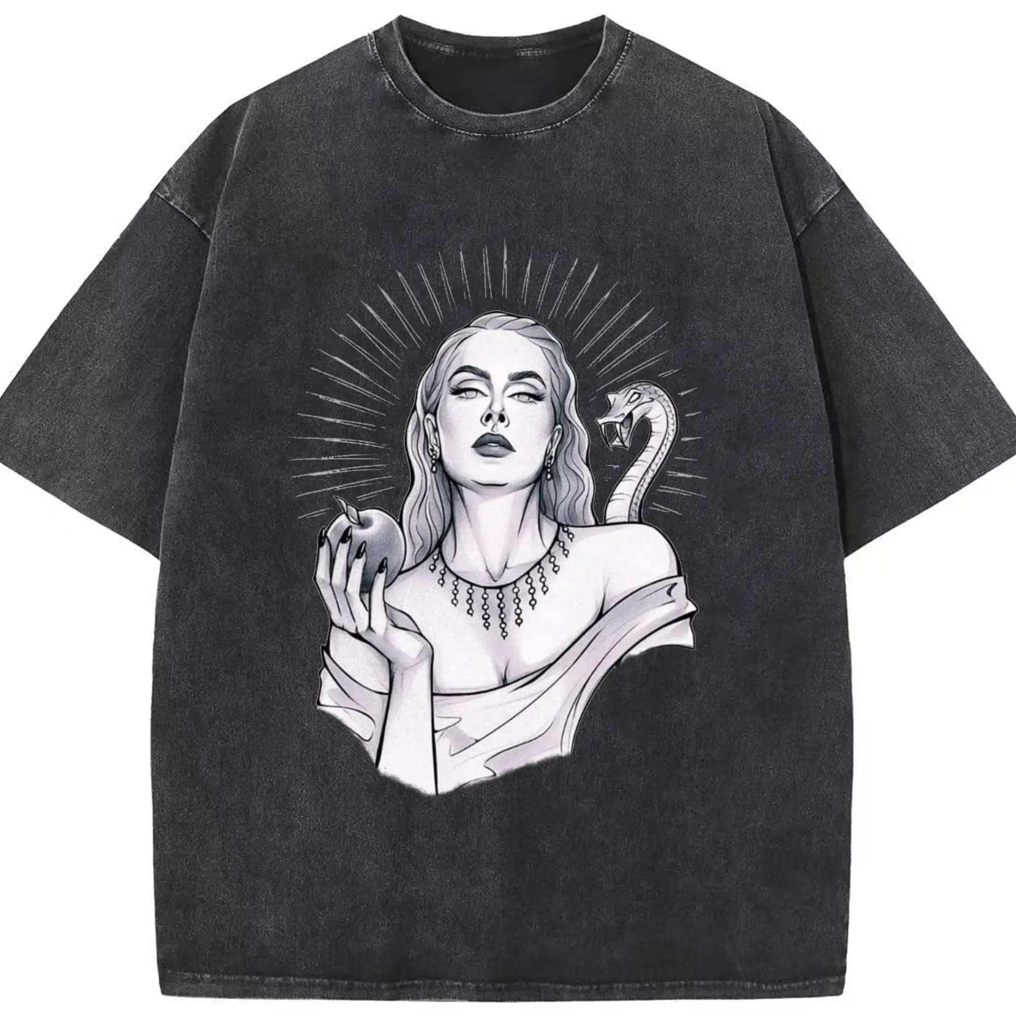 Adele Dark Art Snake & Apple Gothic DIY - Washed Vintage Look 230g Cotton Oversized T-Shirt With Front Heat Transfer Print – Soft, Lightweight, Stylish Fit – Comfortable Casual Wear For Sports & Everyday Use