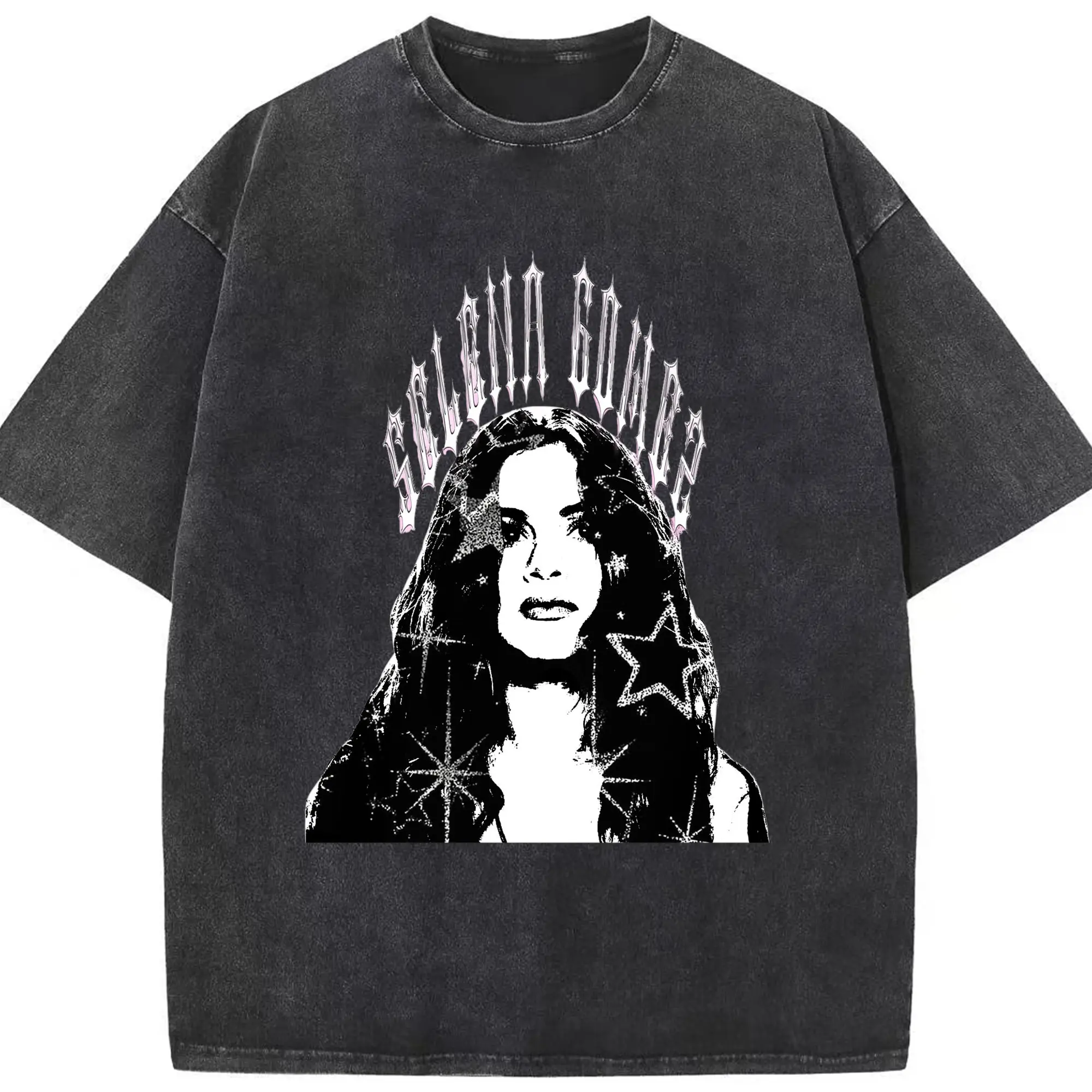 Selena Gomez Black & White Pop Art DIY - Washed Vintage Look 230g Cotton Oversized T-Shirt With Front Heat Transfer Print – Soft, Lightweight, Stylish Fit – Comfortable Casual Wear For Sports & Everyday Use