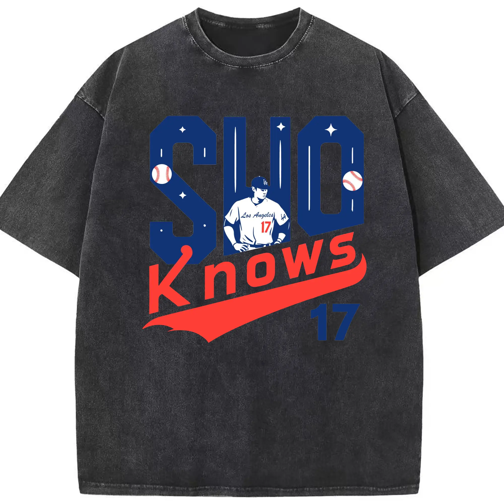 Shohei Ohtani “SUO KNOWS” Los Angeles Dodgers DIY Shirt - Washed Vintage Look 230g Cotton Oversized T-Shirt With Front Heat Transfer Print – Soft, Lightweight, Stylish Fit – Comfortable Casual Wear For Sports & Everyday Use