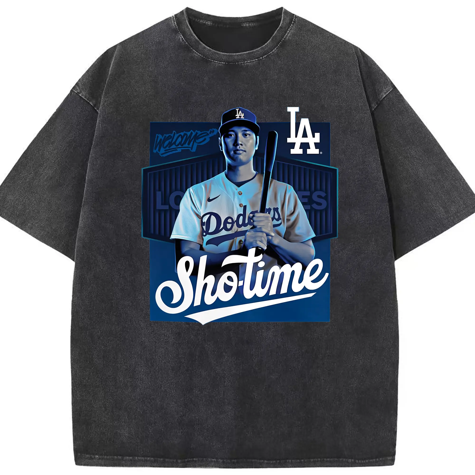 Shohei Ohtani “Sho-time” LA Dodgers DIY Shirt - Washed Vintage Look 230g Cotton Oversized T-Shirt With Front Heat Transfer Print – Soft, Lightweight, Stylish Fit – Comfortable Casual Wear For Sports & Everyday Use