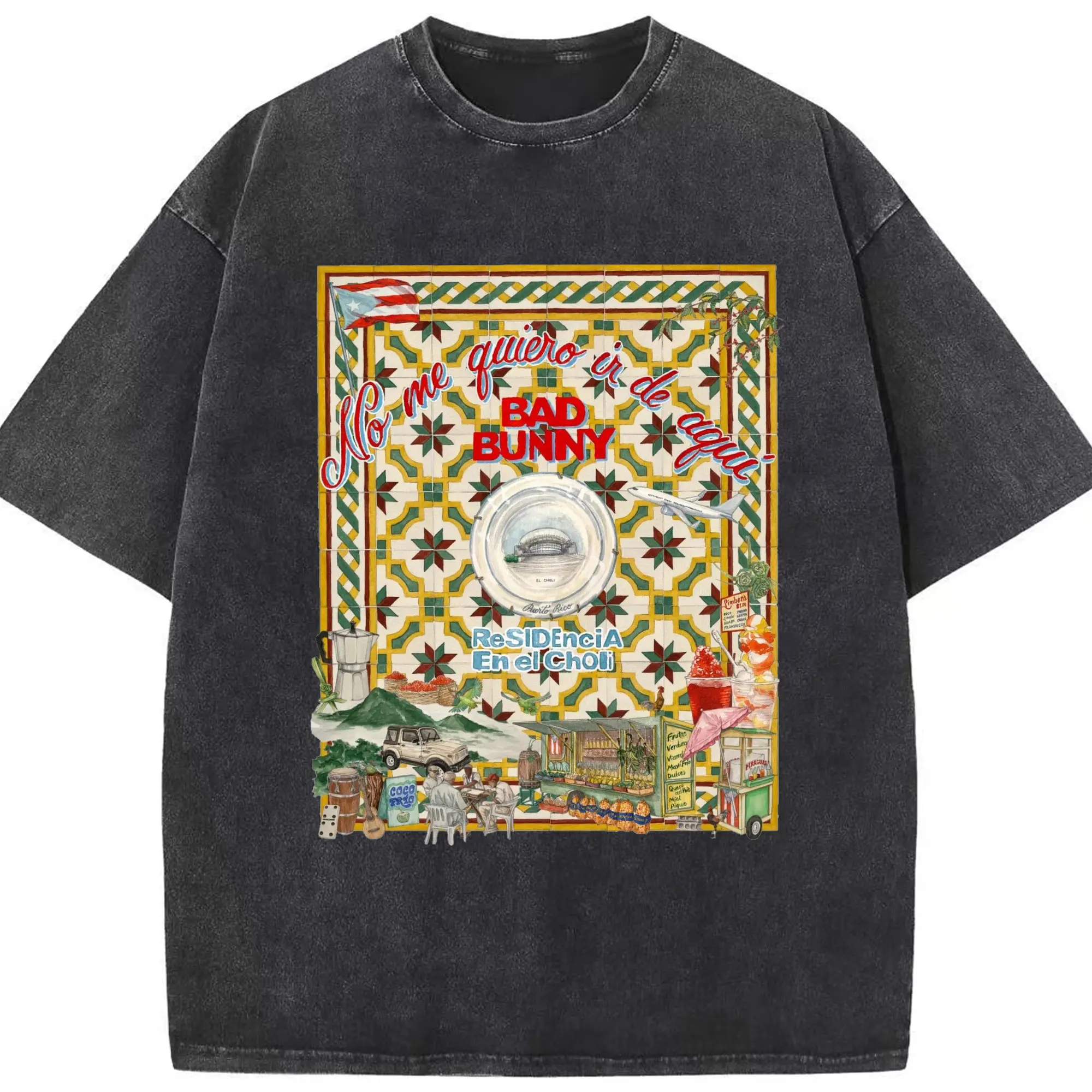 “Bad Bunny No Me Quiero Ir de Aquí” Music DIY Shirt - Washed Vintage Look 230g Cotton Oversized T-Shirt With Front Heat Transfer Print – Soft, Lightweight, Stylish Fit – Comfortable Casual Wear For Sports & Everyday Use