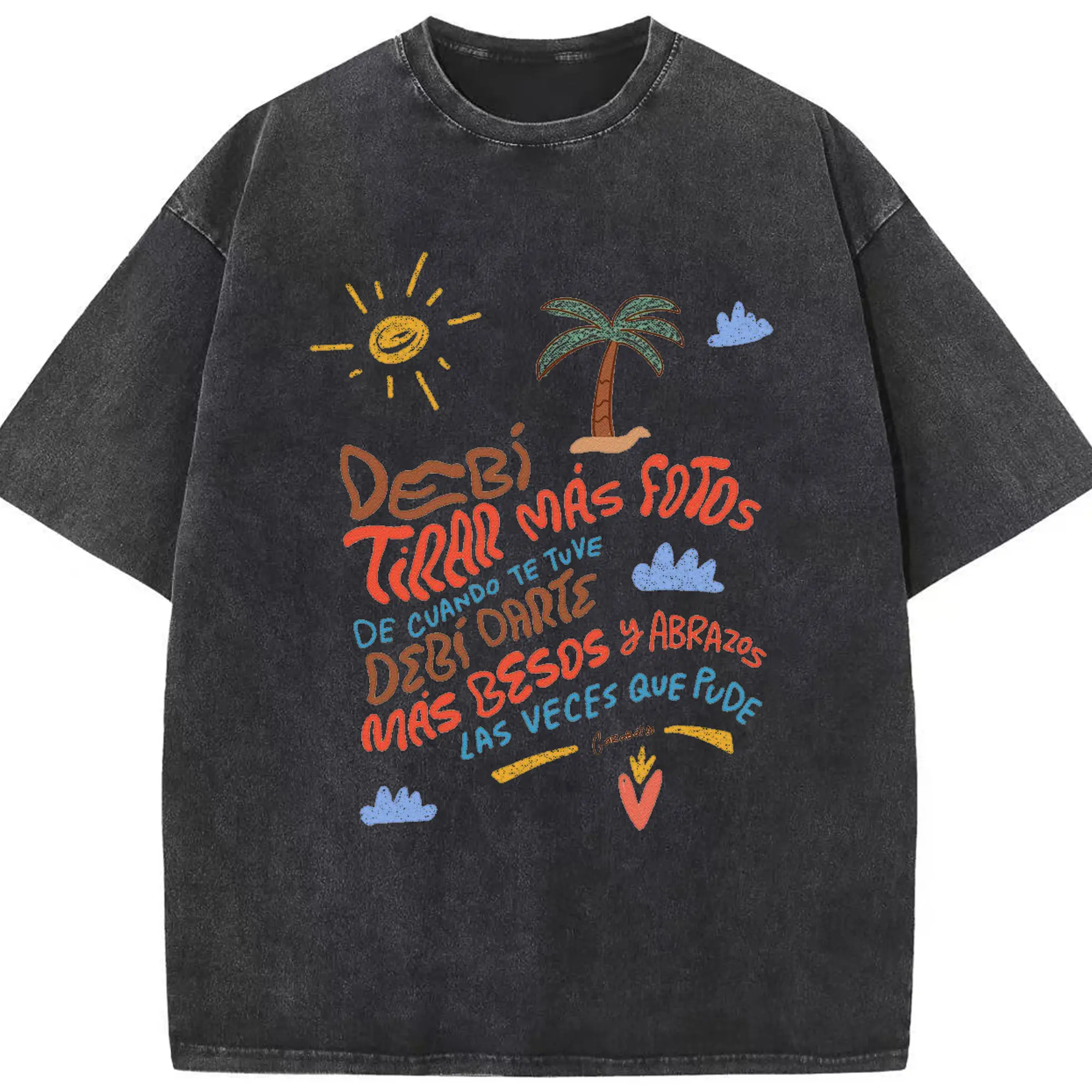 Bad Bunny “DEBÍ TIRAR MÁS FOTOS... DEBÍ DARTE MÁS BESOS Y ABRAZOS” Shirt - Washed Vintage Look 230g Cotton Oversized T-Shirt With Front Heat Transfer Print – Soft, Lightweight, Stylish Fit – Comfortable Casual Wear For Sports & Everyday Use