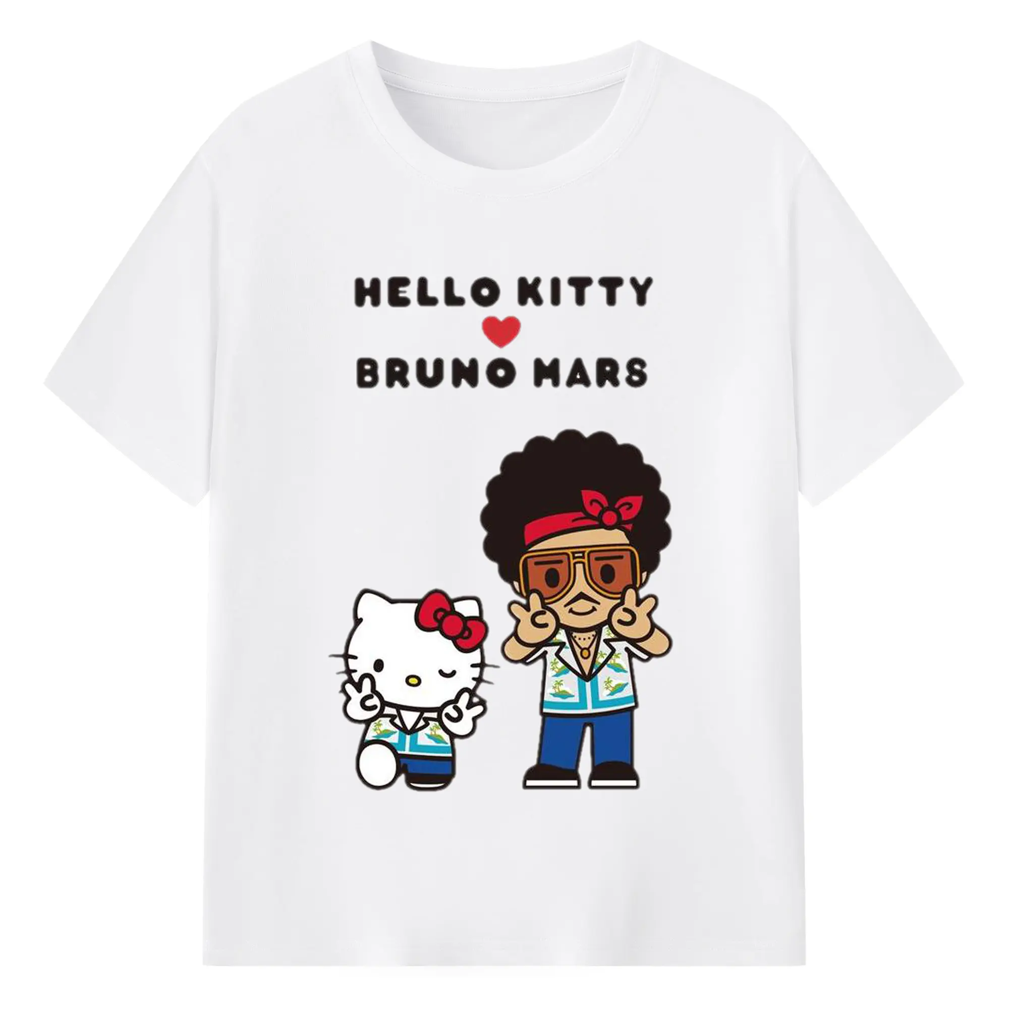 “Hello Kitty Loves Bruno Mars” Cartoon Music DIY Shirt - 180g Cotton T-Shirt With Front Heat Transfer Print – Soft, Lightweight, Fitted Design – Comfortable Casual Wear For Sports & Everyday Use