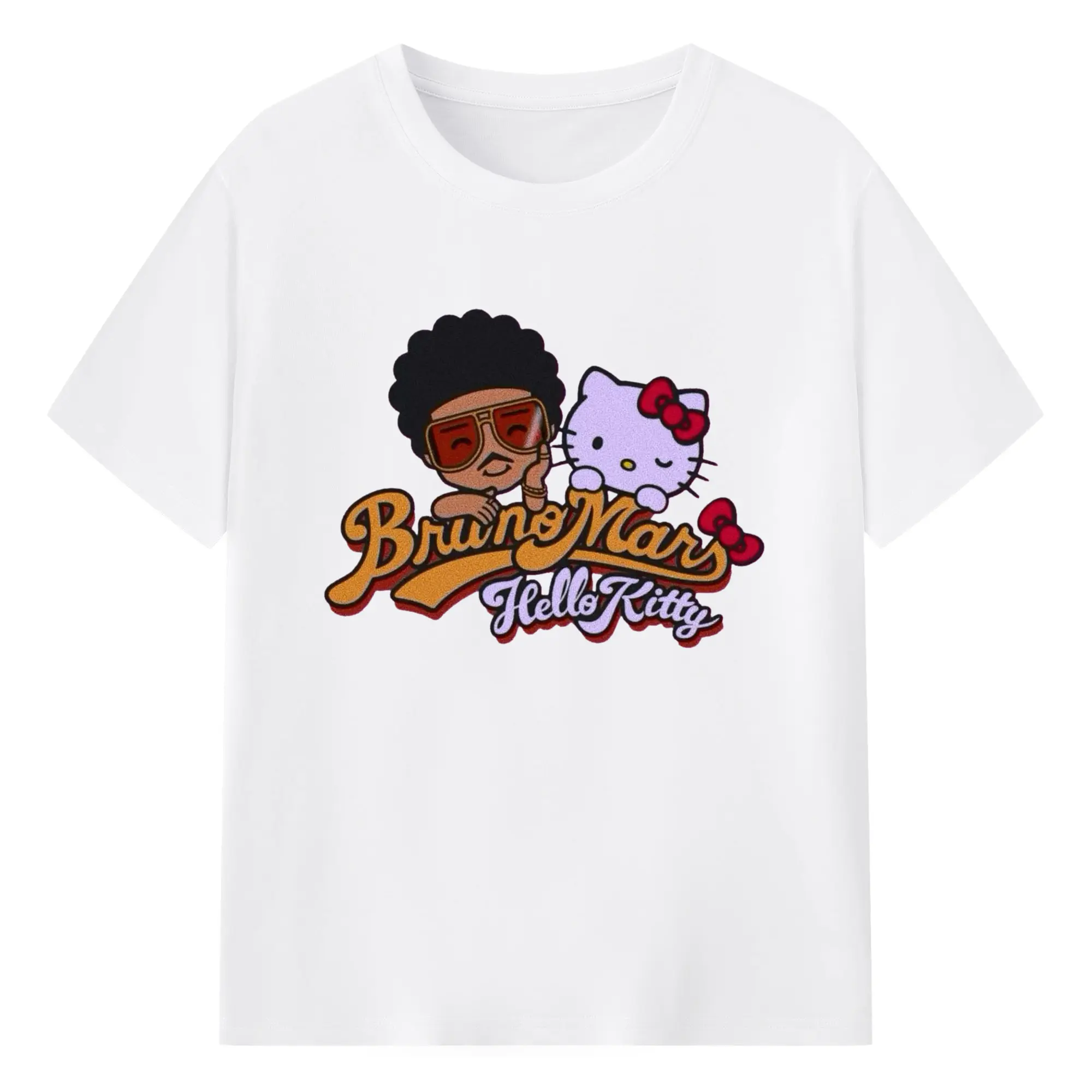Bruno Mars x Hello Kitty Crossover DIY Shirt - 180g Cotton T-Shirt With Front Heat Transfer Print – Soft, Lightweight, Fitted Design – Comfortable Casual Wear For Sports & Everyday Use