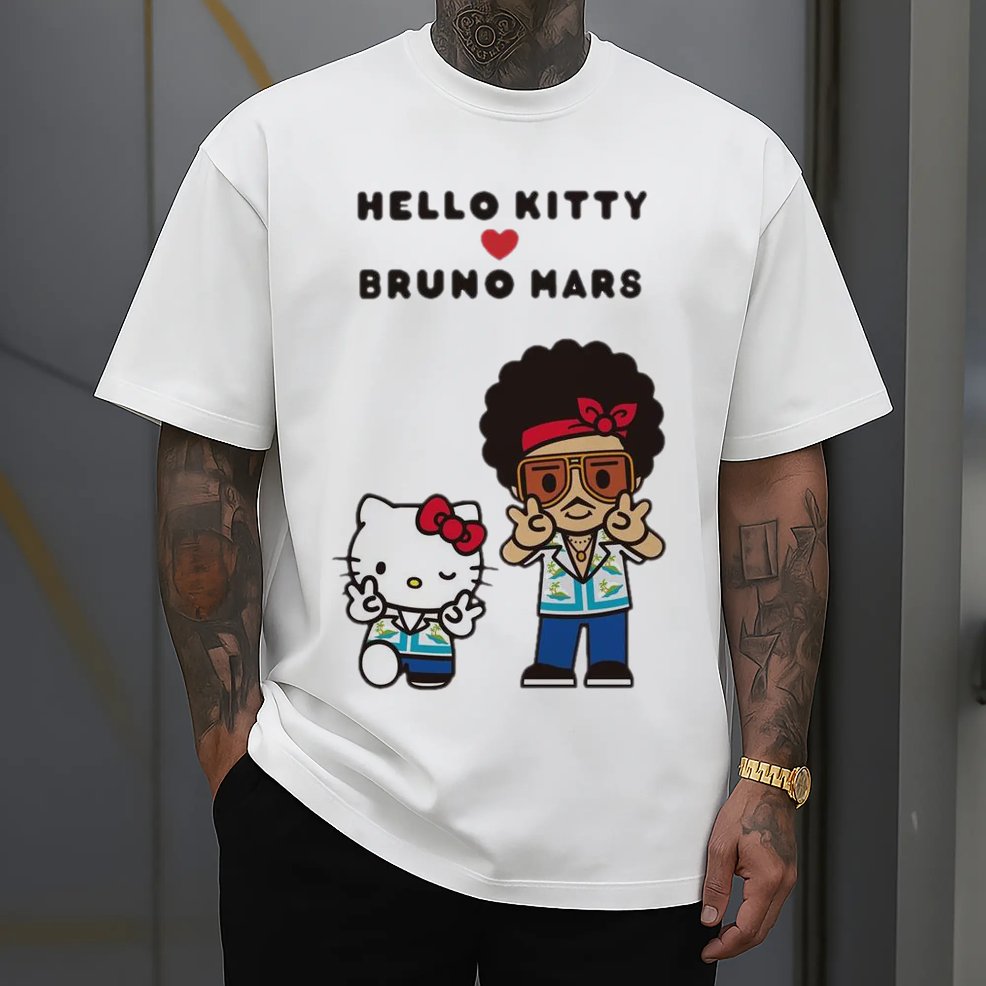 “Hello Kitty Loves Bruno Mars” Cartoon Music DIY Shirt