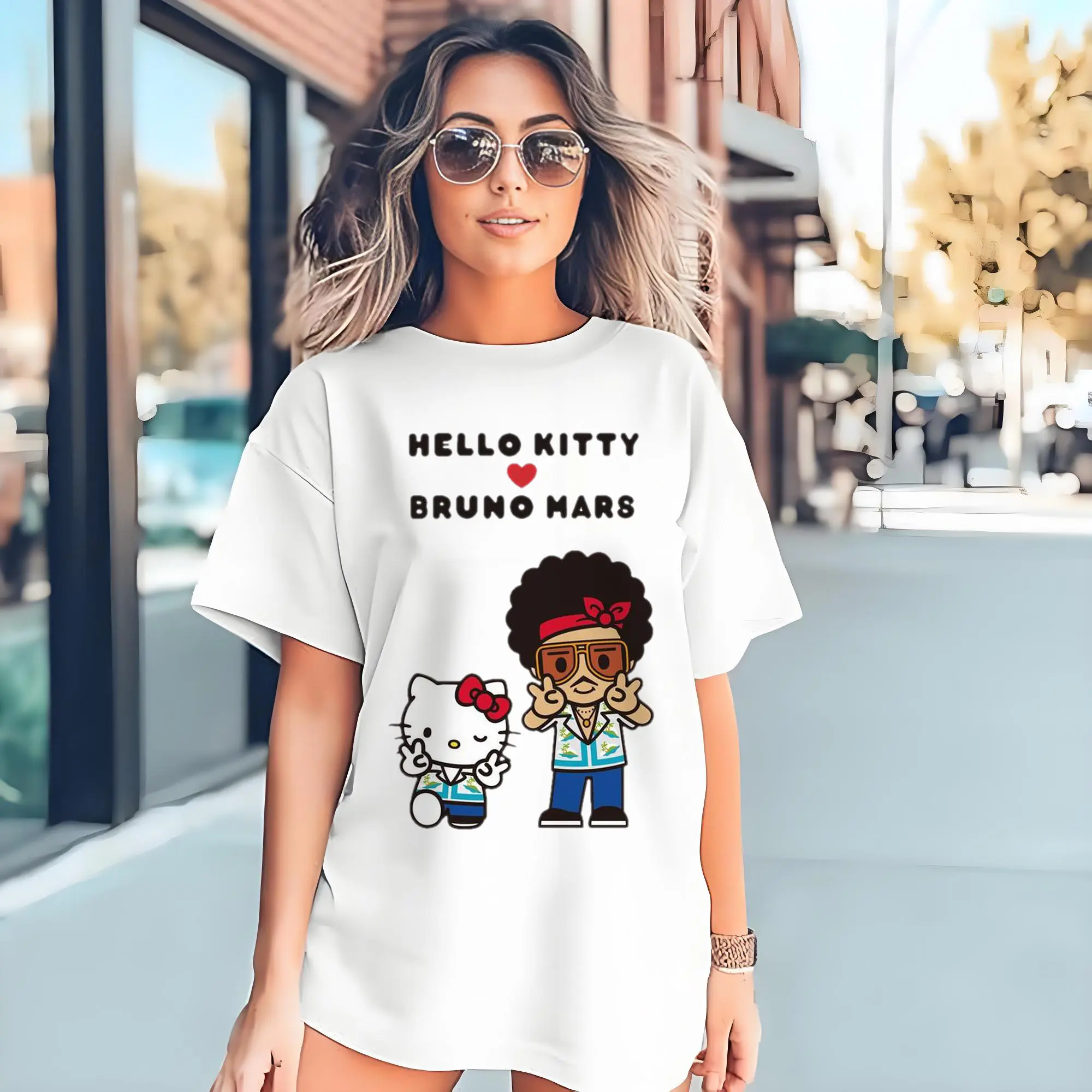 “Hello Kitty Loves Bruno Mars” Cartoon Music DIY Shirt