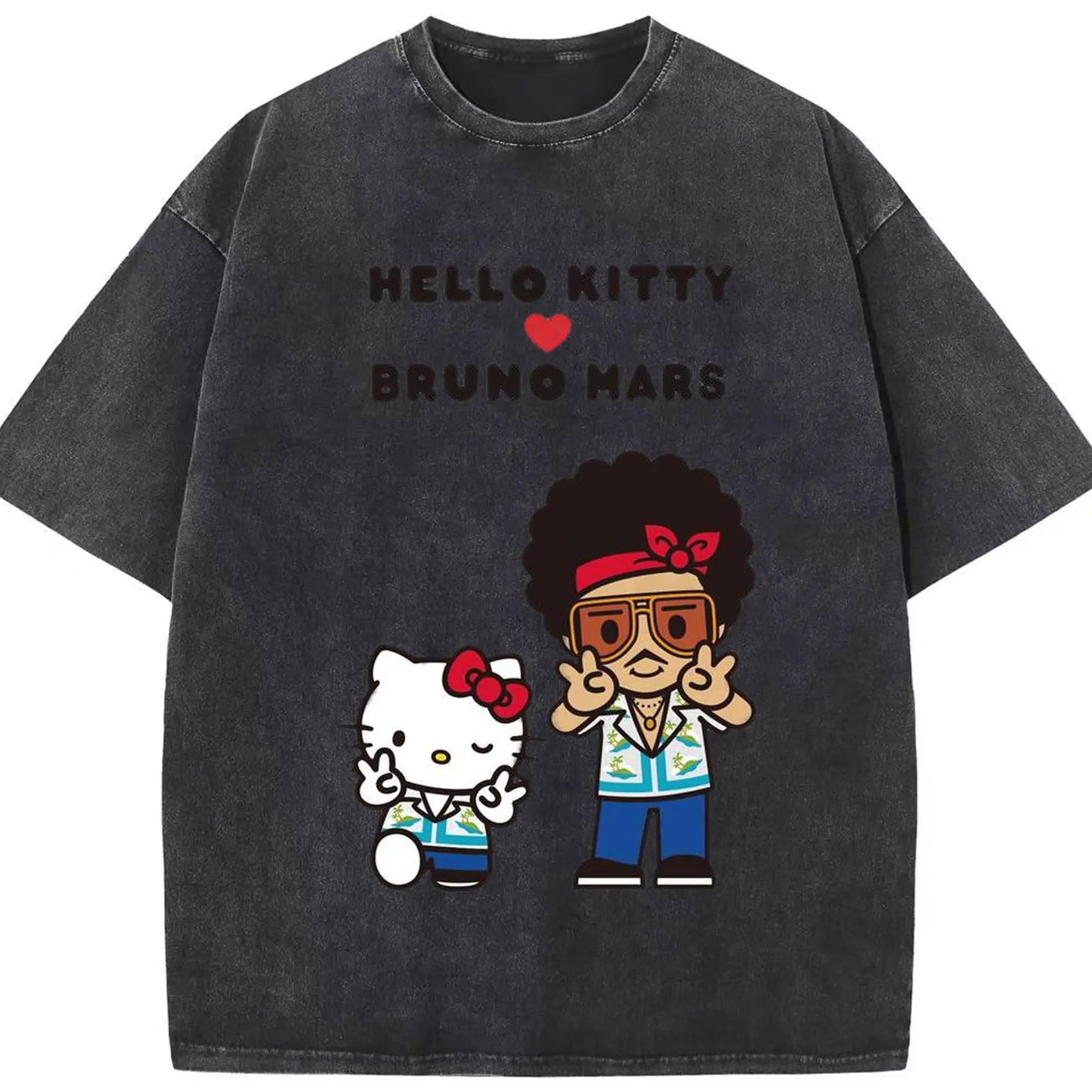 “Hello Kitty Loves Bruno Mars” Cartoon Music DIY Shirt - Washed Vintage Look 230g Cotton Oversized T-Shirt With Front Heat Transfer Print – Soft, Lightweight, Stylish Fit – Comfortable Casual Wear For Sports & Everyday Use