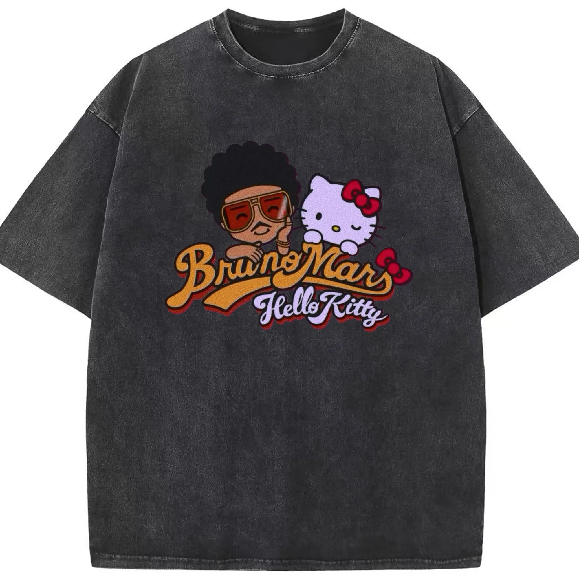 Bruno Mars x Hello Kitty Crossover DIY Shirt - Washed Vintage Look 230g Cotton Oversized T-Shirt With Front Heat Transfer Print – Soft, Lightweight, Stylish Fit – Comfortable Casual Wear For Sports & Everyday Use
