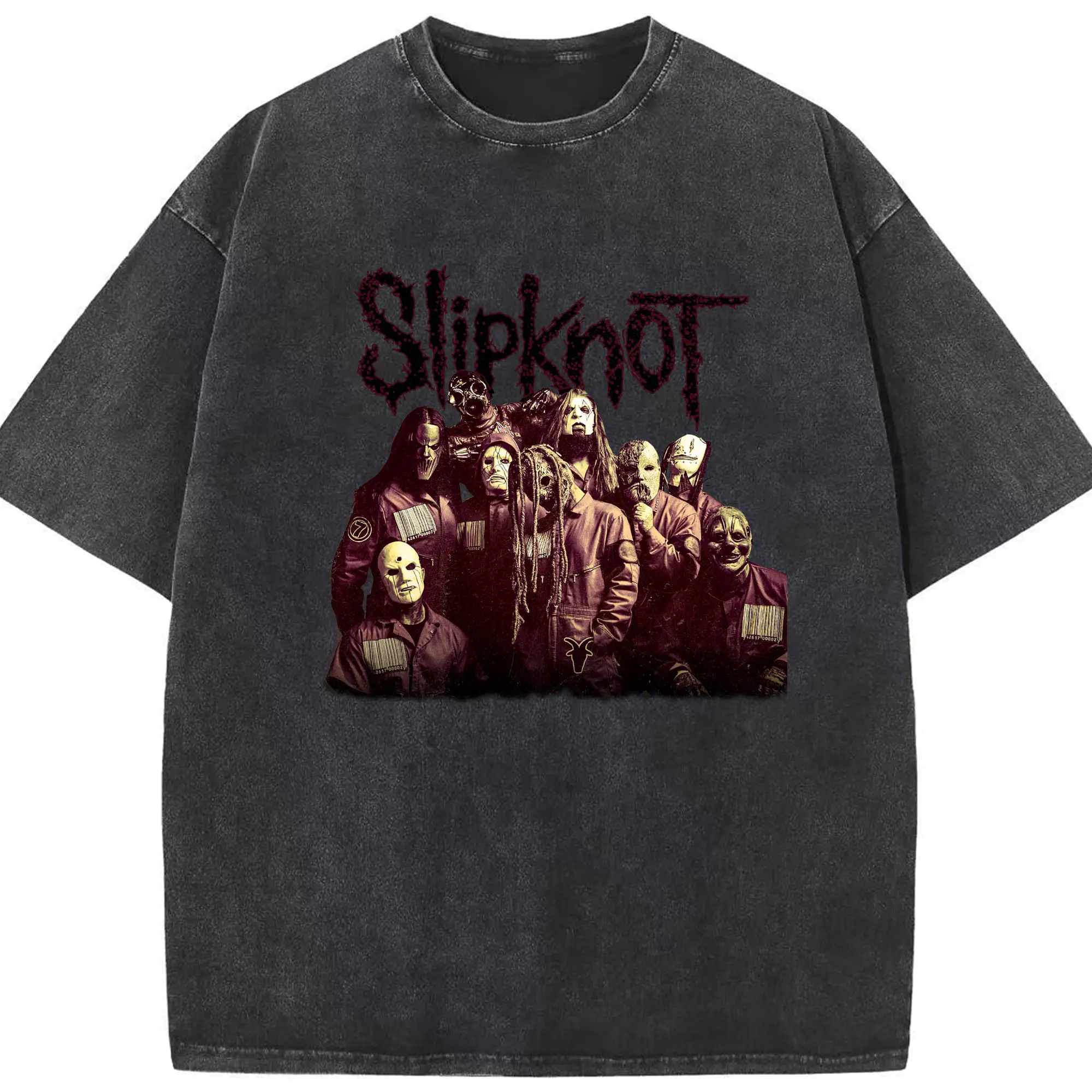 Slipknot All Members Iconic Mask Images Shirt - Washed Vintage Look 230g Cotton Oversized T-Shirt With Front Heat Transfer Print – Soft, Lightweight, Stylish Fit – Comfortable Casual Wear For Sports & Everyday Use