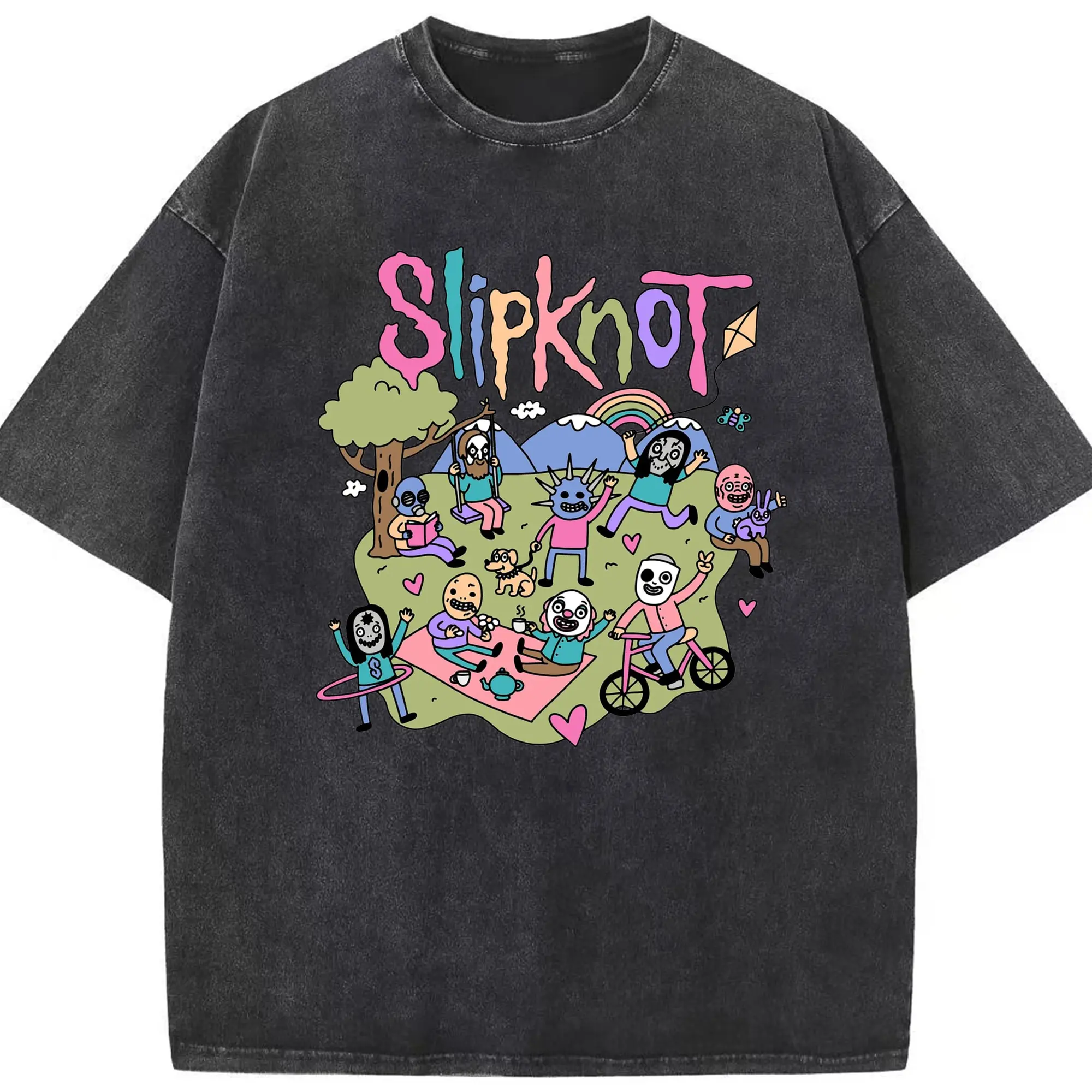 Slipknot Cute Cartoon DIY Shirt - Washed Vintage Look 230g Cotton Oversized T-Shirt With Front Heat Transfer Print – Soft, Lightweight, Stylish Fit – Comfortable Casual Wear For Sports & Everyday Use