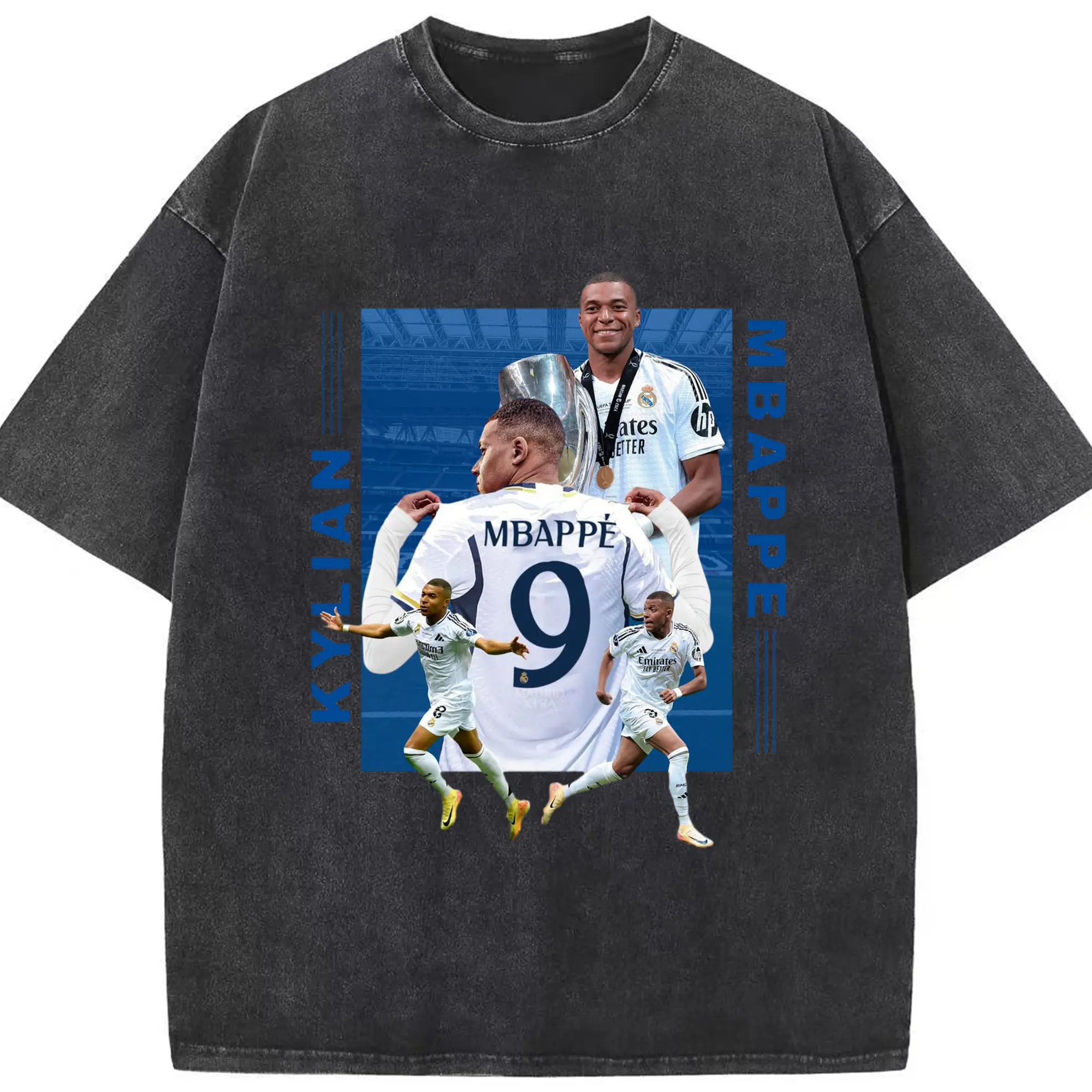 Kylian Mbappé Real Madrid Champions DIY Shirt - Washed Vintage Look 230g Cotton Oversized T-Shirt With Front Heat Transfer Print – Soft, Lightweight, Stylish Fit – Comfortable Casual Wear For Sports & Everyday Use