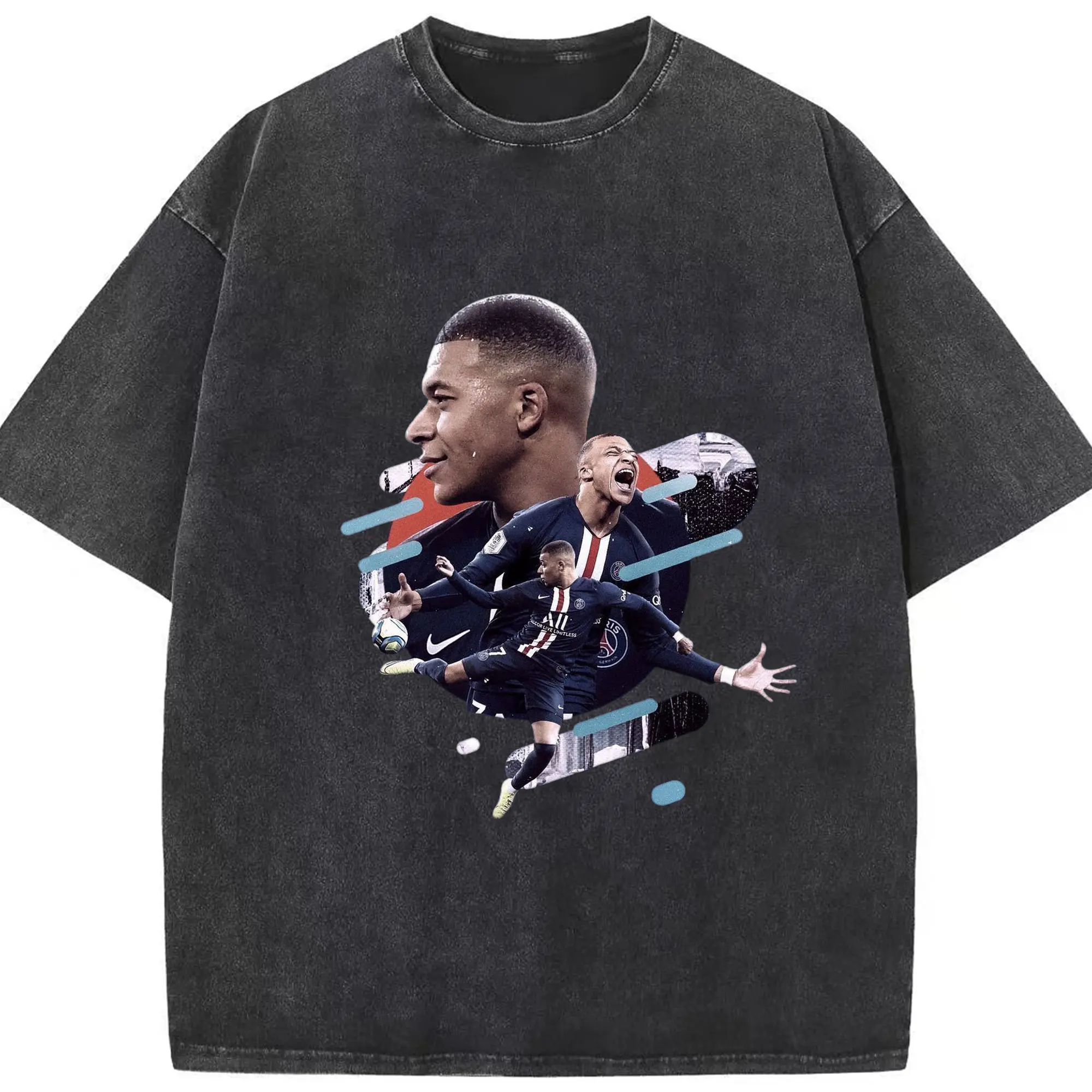 Mbappé Paris Saint-Germain Inspired DIY Shirt - Washed Vintage Look 230g Cotton Oversized T-Shirt With Front Heat Transfer Print – Soft, Lightweight, Stylish Fit – Comfortable Casual Wear For Sports & Everyday Use
