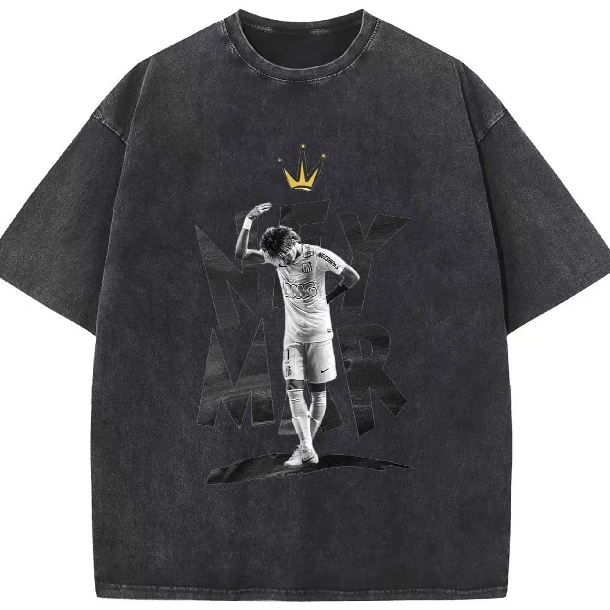 Neymar Santos FC King Style DIY Shirt - Washed Vintage Look 230g Cotton Oversized T-Shirt With Front Heat Transfer Print – Soft, Lightweight, Stylish Fit – Comfortable Casual Wear For Sports & Everyday Use
