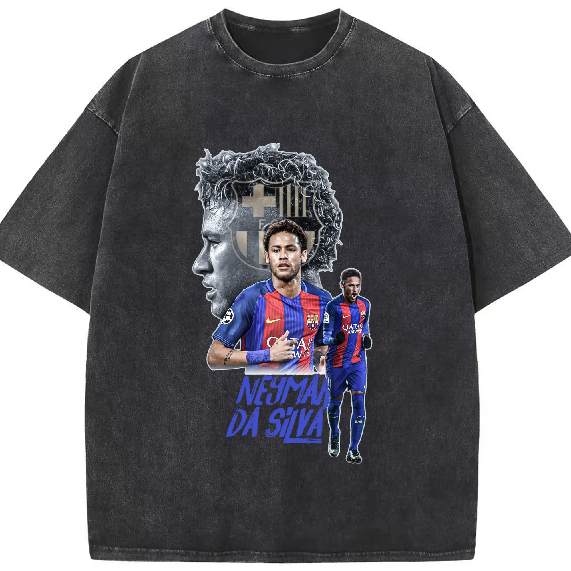 Neymar FC Barcelona Soccer Fan DIY Shirt - Washed Vintage Look 230g Cotton Oversized T-Shirt With Front Heat Transfer Print – Soft, Lightweight, Stylish Fit – Comfortable Casual Wear For Sports & Everyday Use
