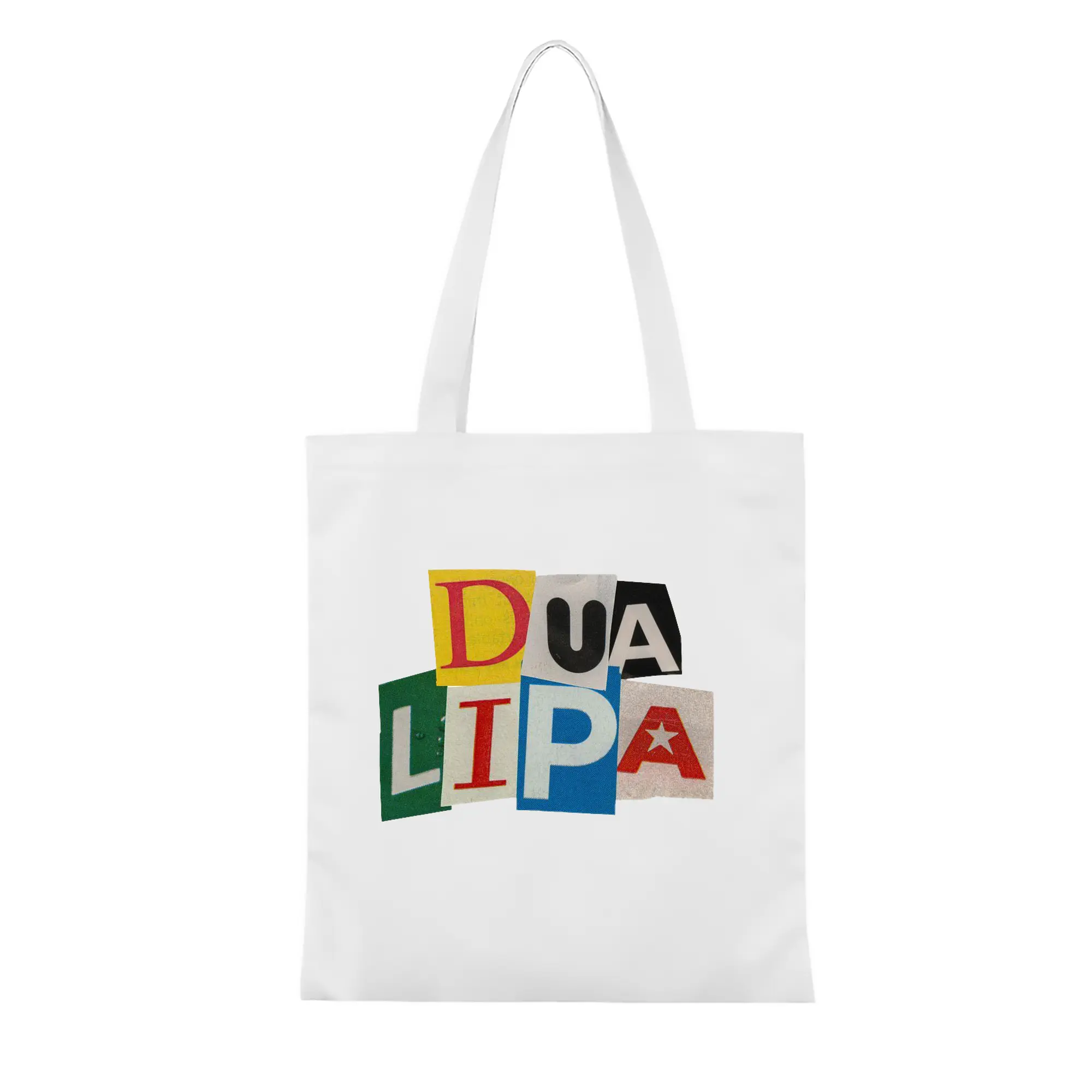 Dua Lipa Pop Music Collage DIY - Heavy-Duty 12oz Canvas Tote Bag — Large Capacity Reusable Shopping & Travel Bag with Heat-Transfer Print, Wide Reinforced Handles (80% Polyester, 20% Cotton)