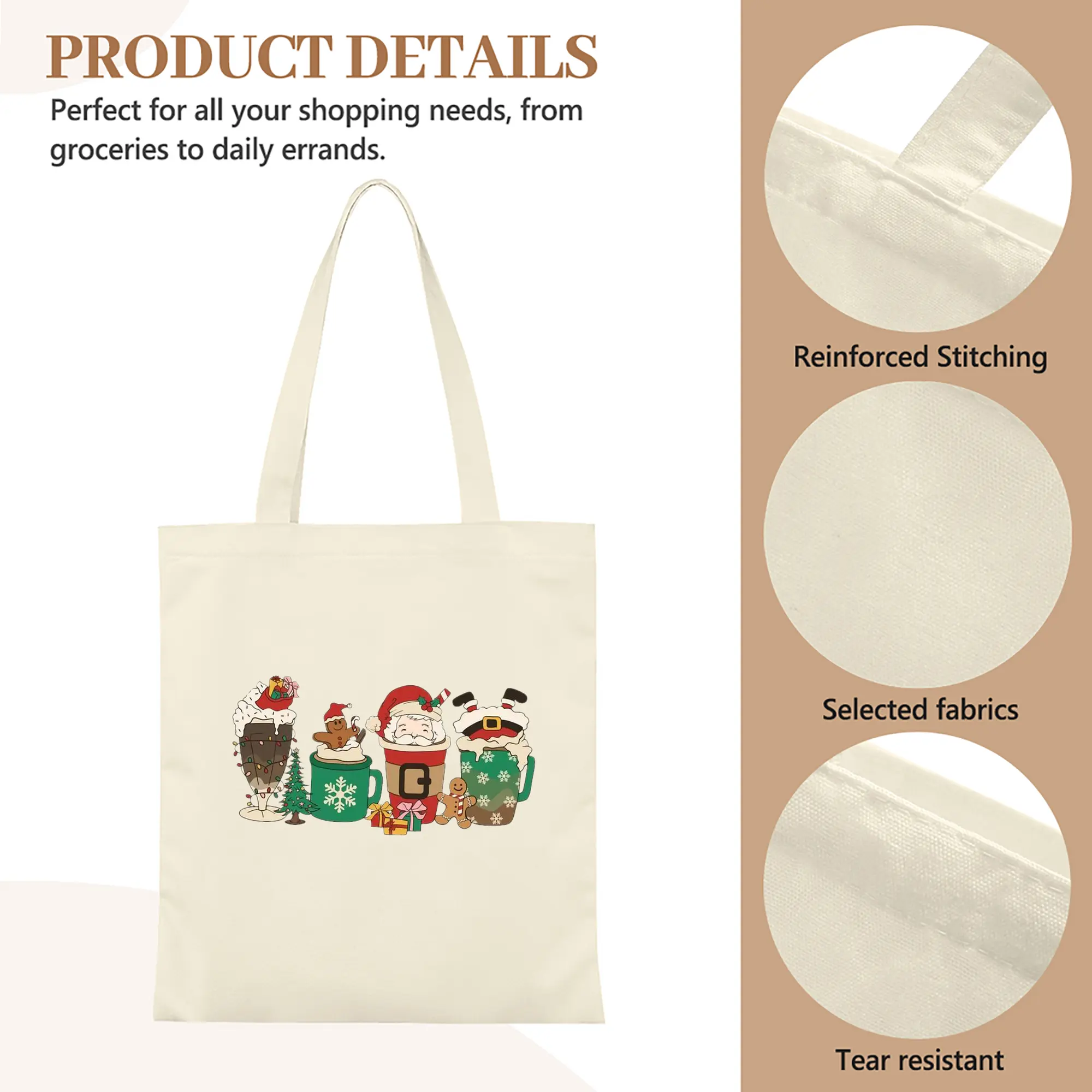 Heavy-Duty 12oz Canvas Tote Bag — Large Capacity Reusable Shopping & Travel Bag with Heat-Transfer Print, Wide Reinforced Handles (80% Polyester, 20% Cotton)