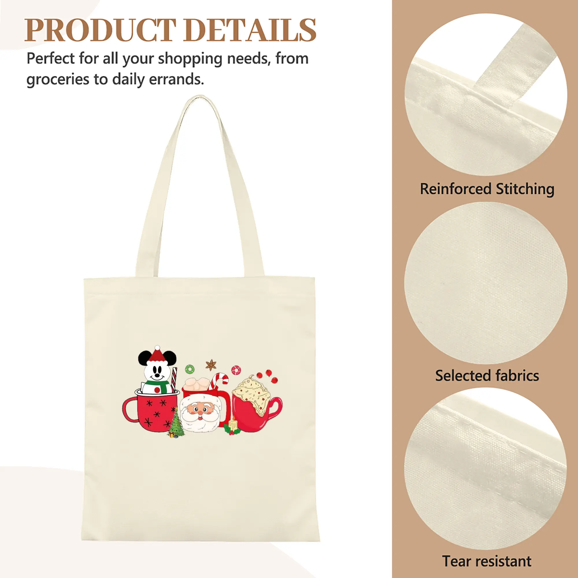 Heavy-Duty 12oz Canvas Tote Bag — Large Capacity Reusable Shopping & Travel Bag with Heat-Transfer Print, Wide Reinforced Handles (80% Polyester, 20% Cotton)