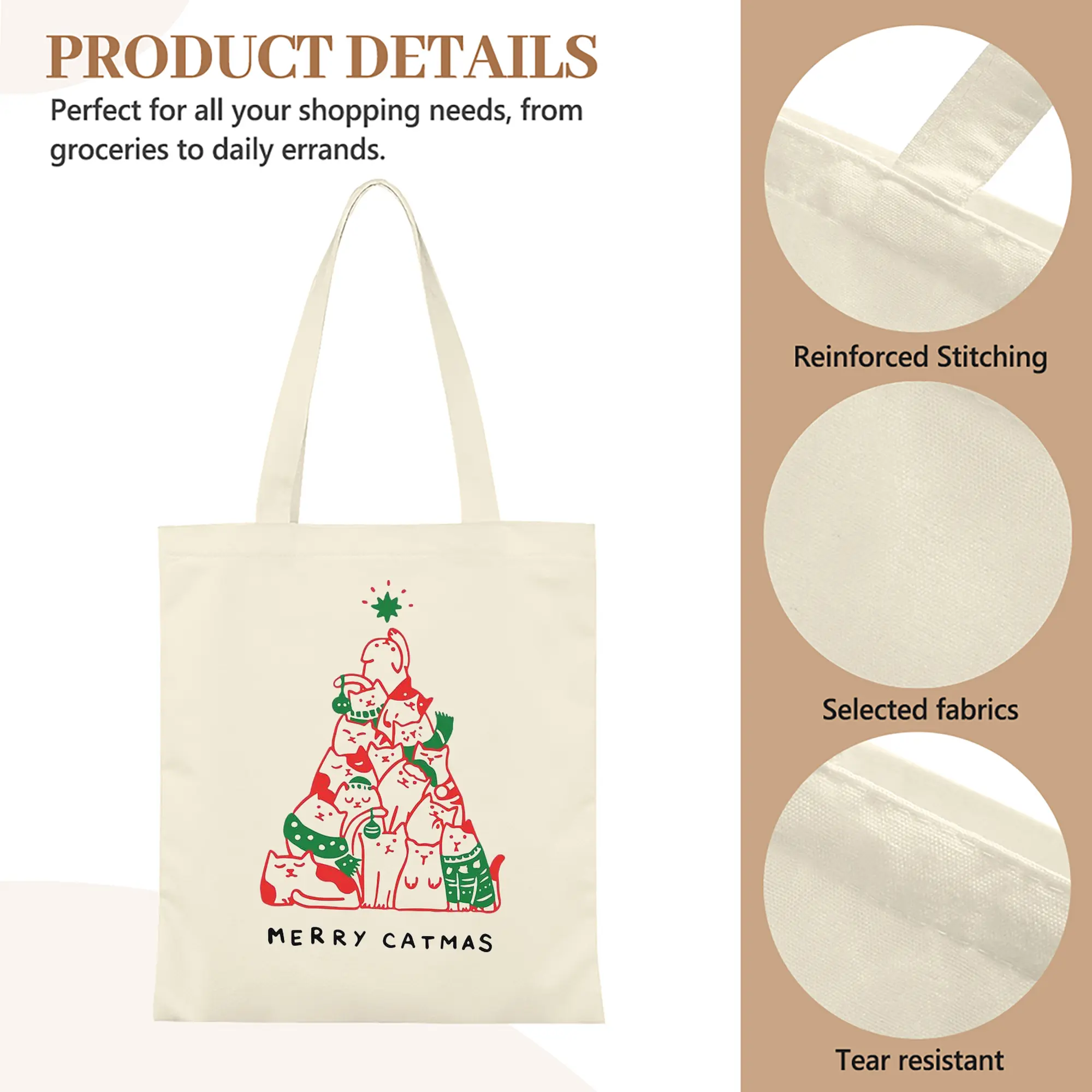 Heavy-Duty 12oz Canvas Tote Bag — Large Capacity Reusable Shopping & Travel Bag with Heat-Transfer Print, Wide Reinforced Handles (80% Polyester, 20% Cotton)