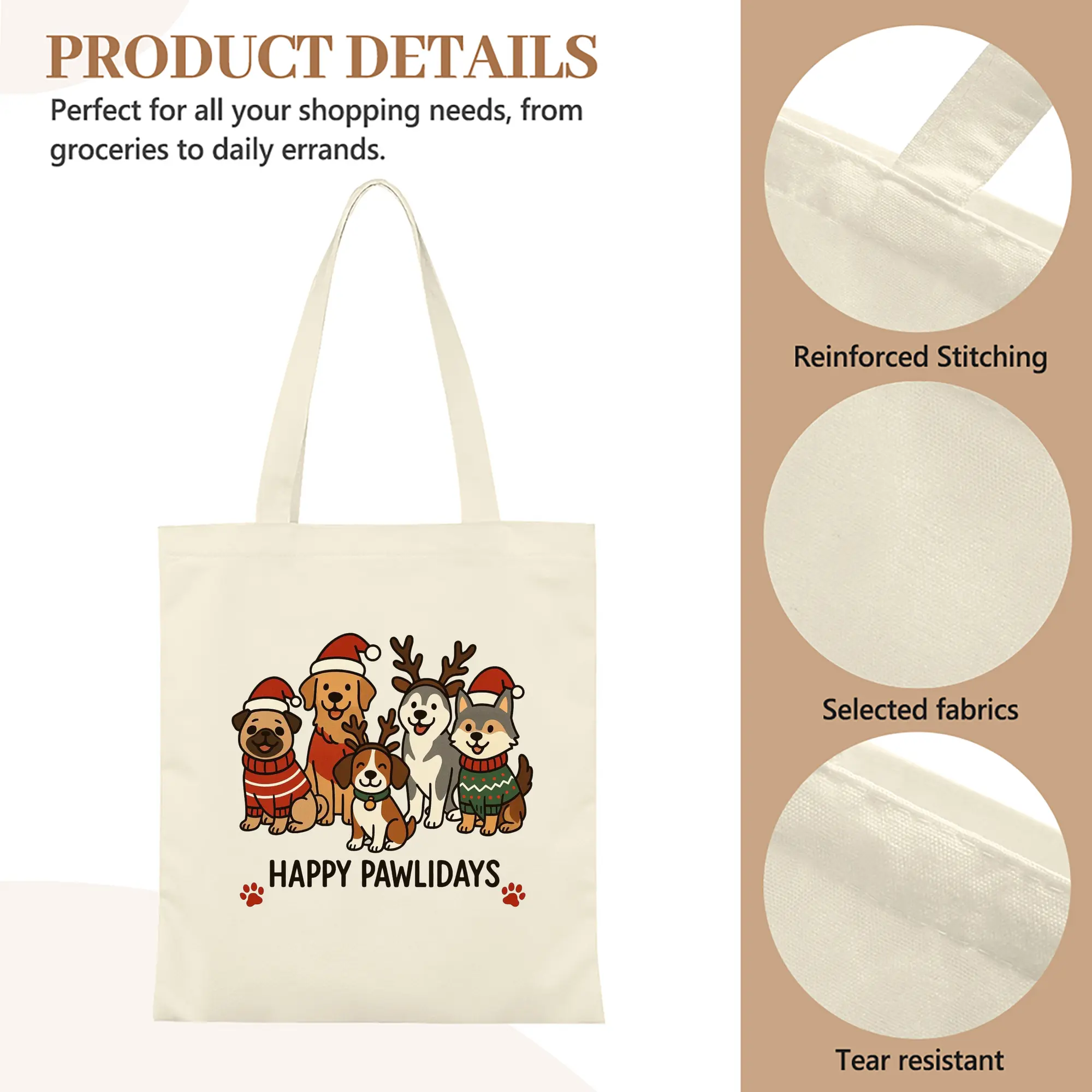 Heavy-Duty 12oz Canvas Tote Bag — Large Capacity Reusable Shopping & Travel Bag with Heat-Transfer Print, Wide Reinforced Handles (80% Polyester, 20% Cotton)