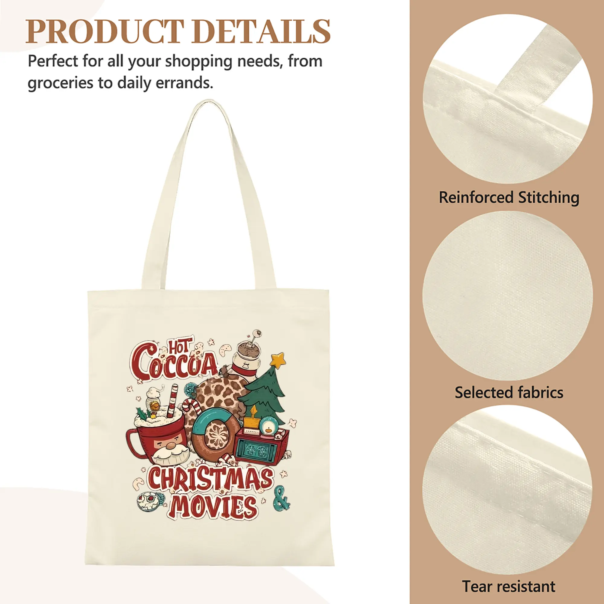 Heavy-Duty 12oz Canvas Tote Bag — Large Capacity Reusable Shopping & Travel Bag with Heat-Transfer Print, Wide Reinforced Handles (80% Polyester, 20% Cotton)