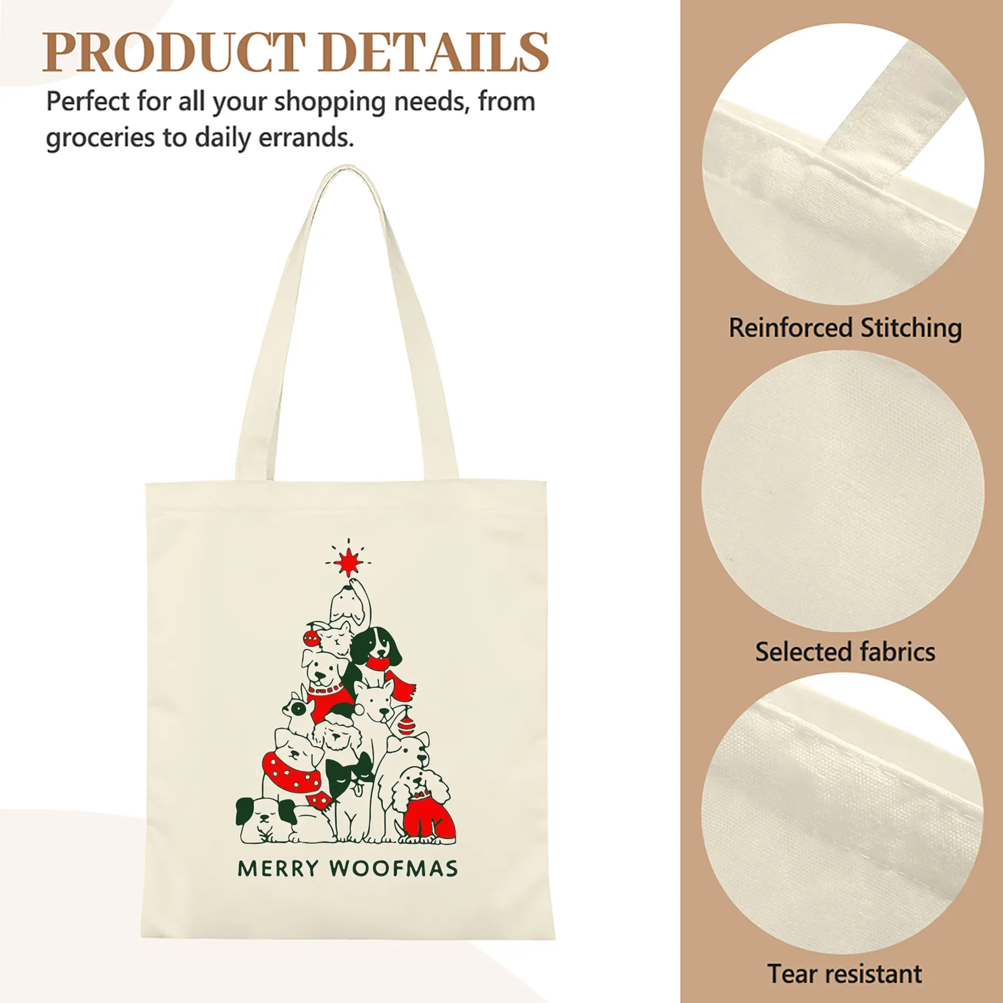 Heavy-Duty 12oz Canvas Tote Bag — Large Capacity Reusable Shopping & Travel Bag with Heat-Transfer Print, Wide Reinforced Handles (80% Polyester, 20% Cotton)