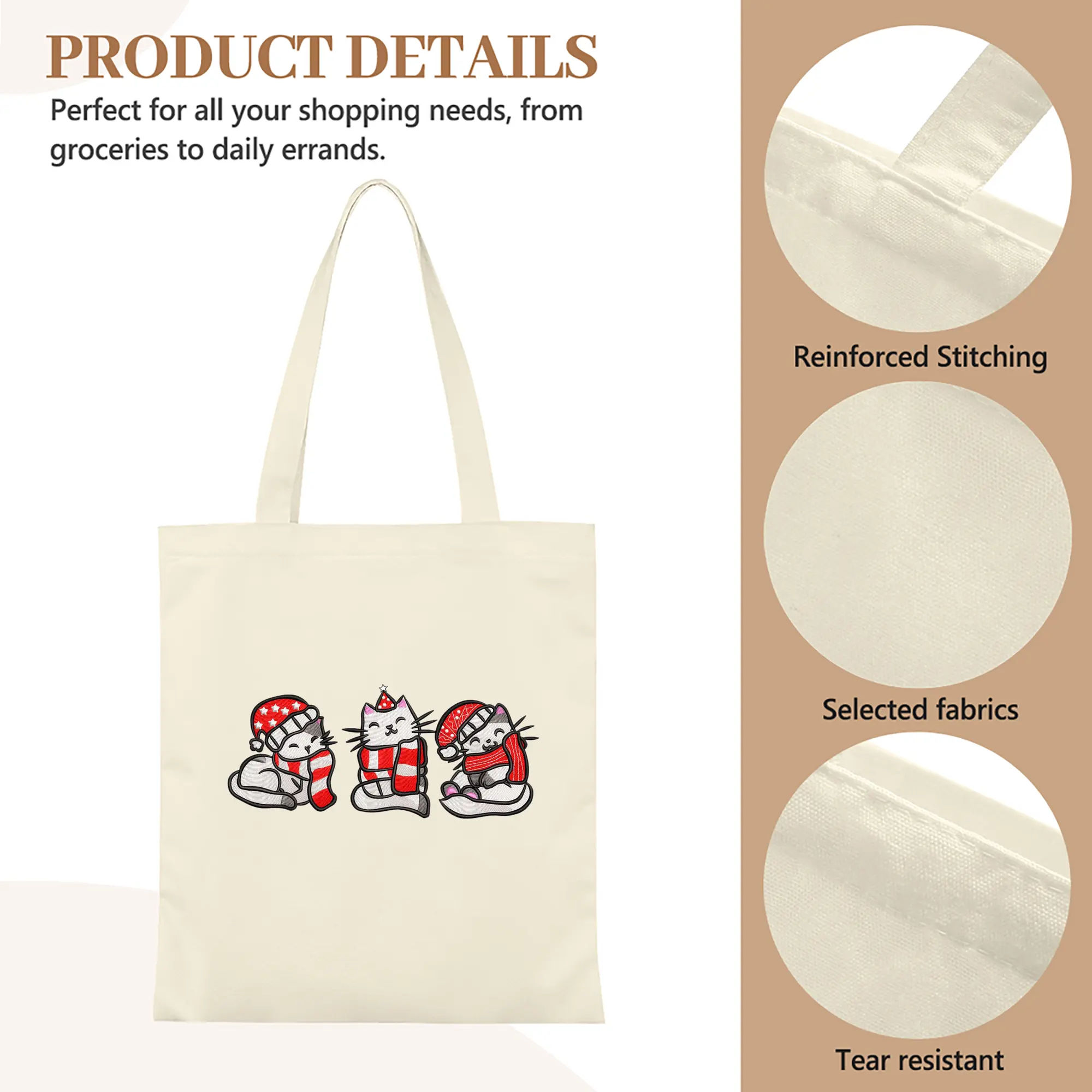 Heavy-Duty 12oz Canvas Tote Bag — Large Capacity Reusable Shopping & Travel Bag with Heat-Transfer Print, Wide Reinforced Handles (80% Polyester, 20% Cotton)